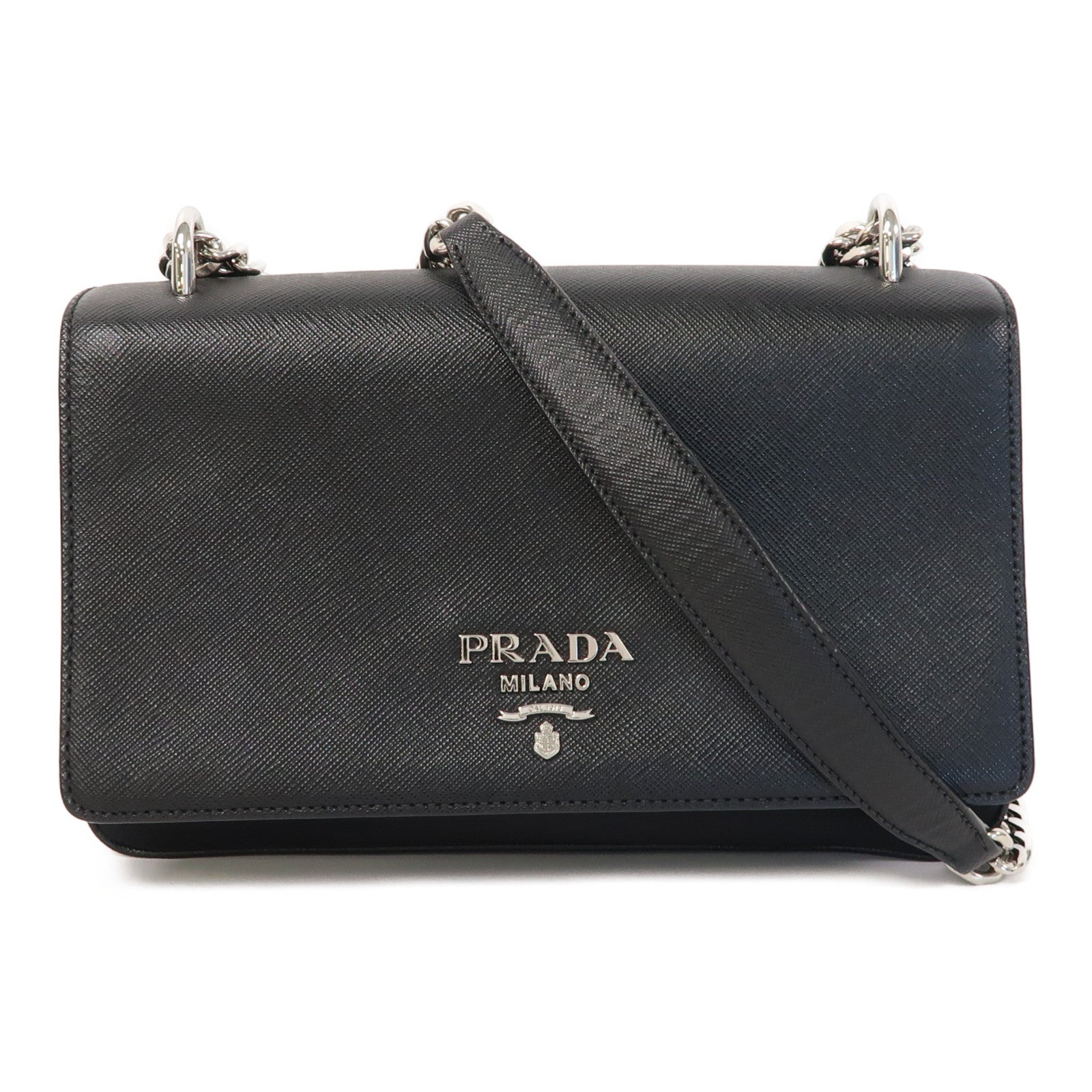 PRADA Saffiano皮革/尼龍Chain Shoulder銀扣鏈帶肩背袋黑色– Brand Off 