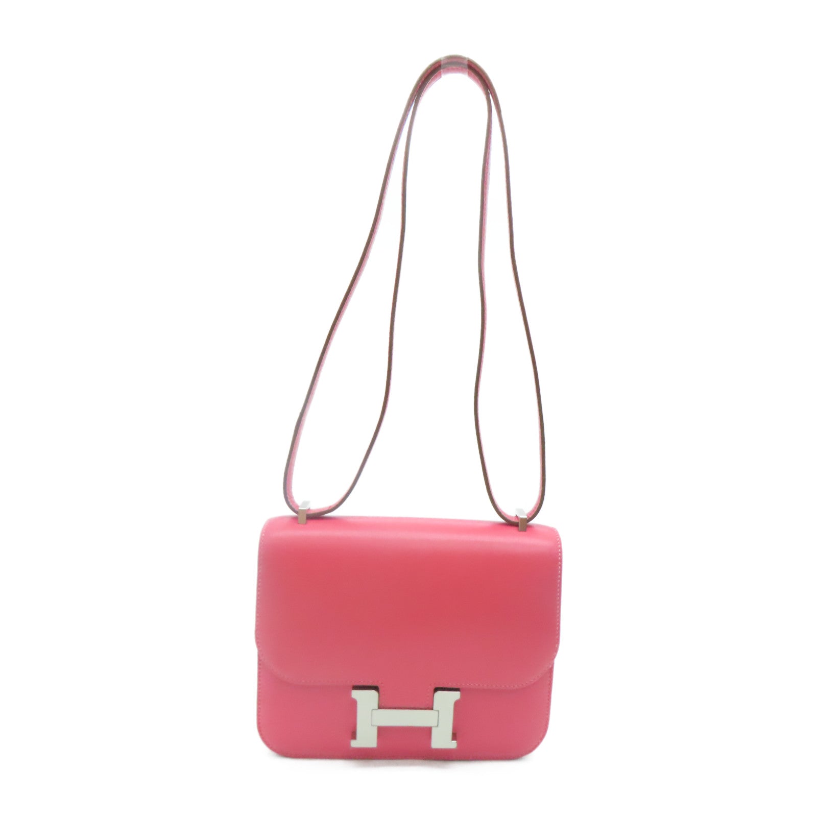 HERMES Tadket Leather Constance Mini Silver Buckle Shoulder Bag Pink