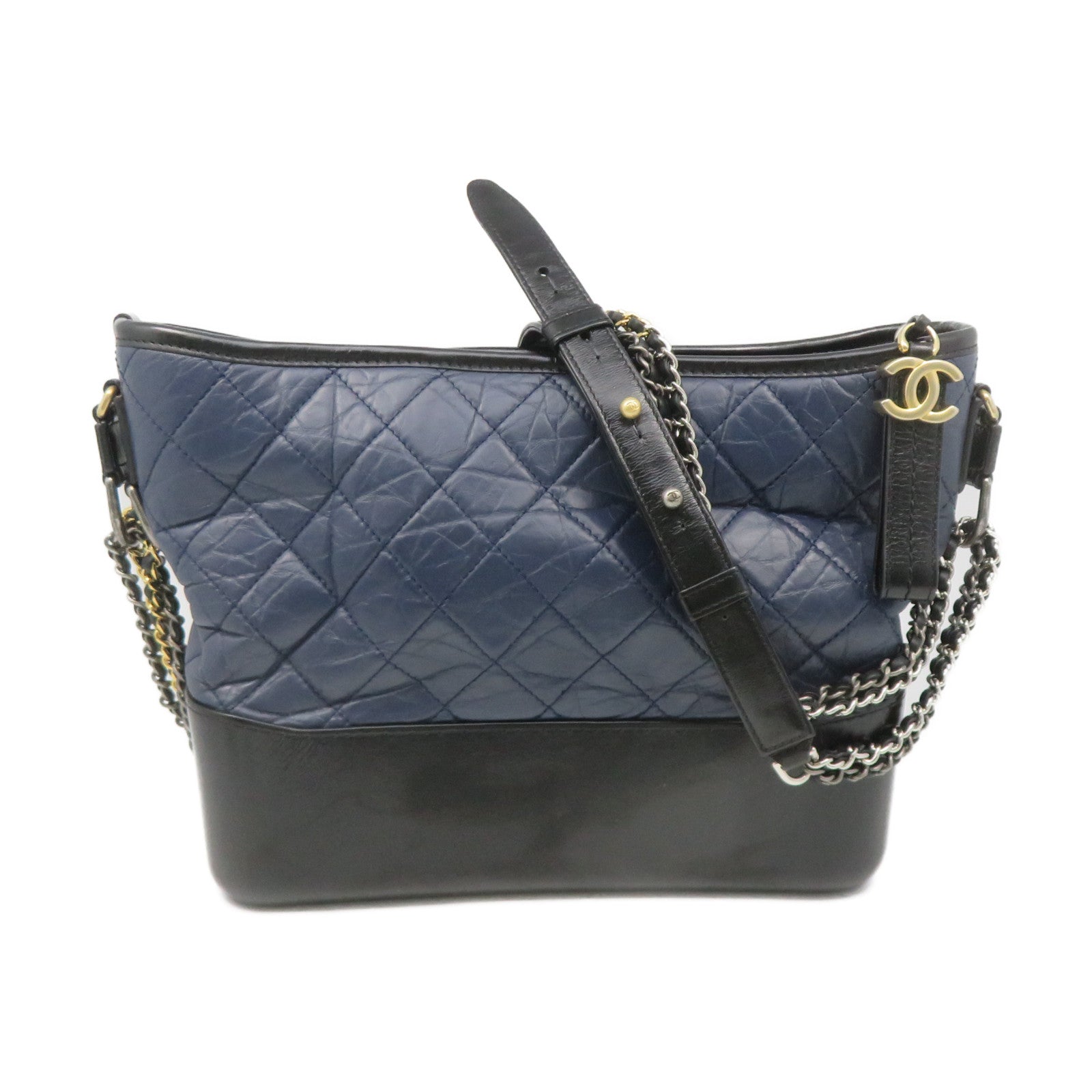 CHANEL Diamond Sheepskin Leather Gabrielle Hobo Medium Chain Shoulder Bag Gold Buckle Chain Shoulder Bag Blue Black