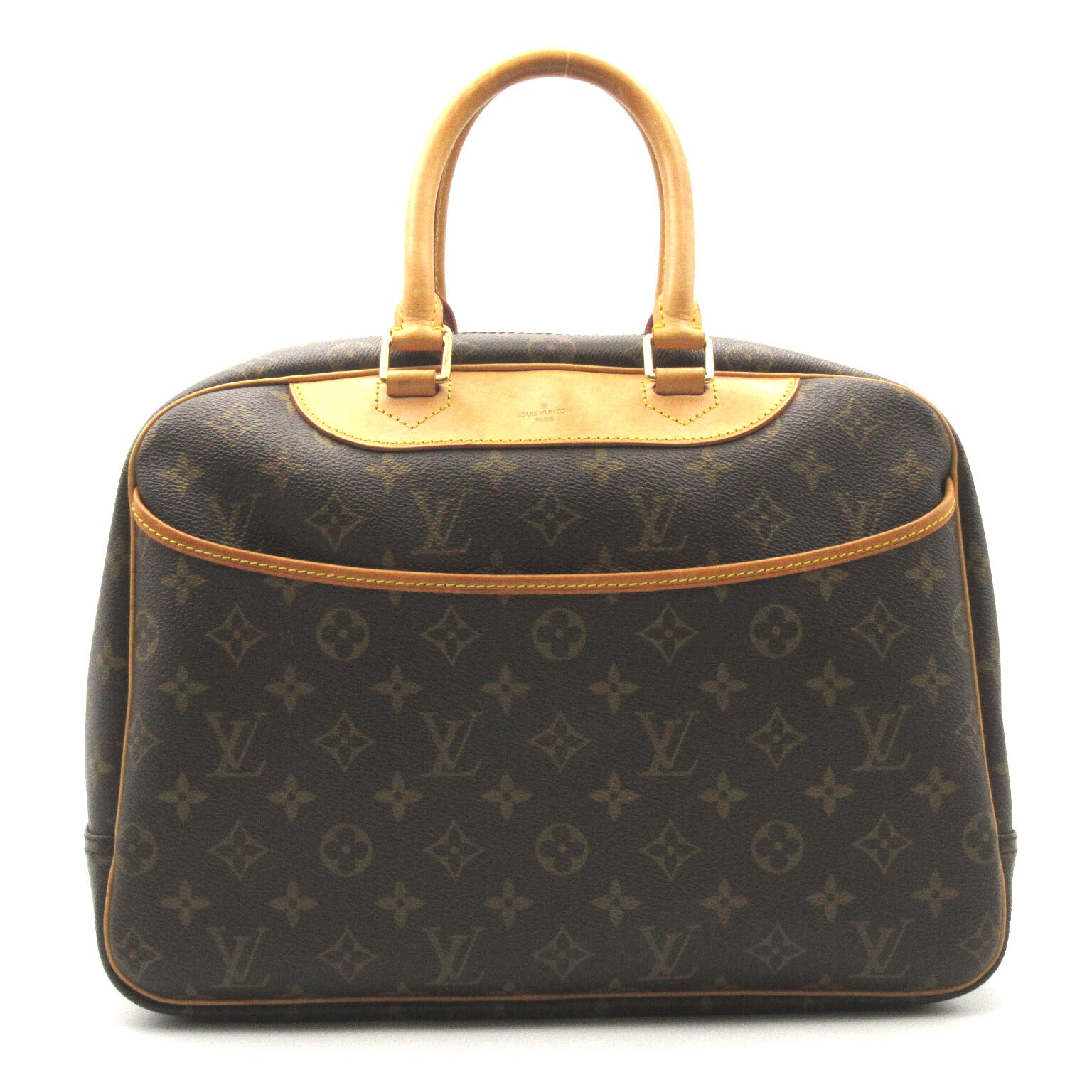 LOUIS VUITTON Monogram Deauville PM gold buckle handle bag brown