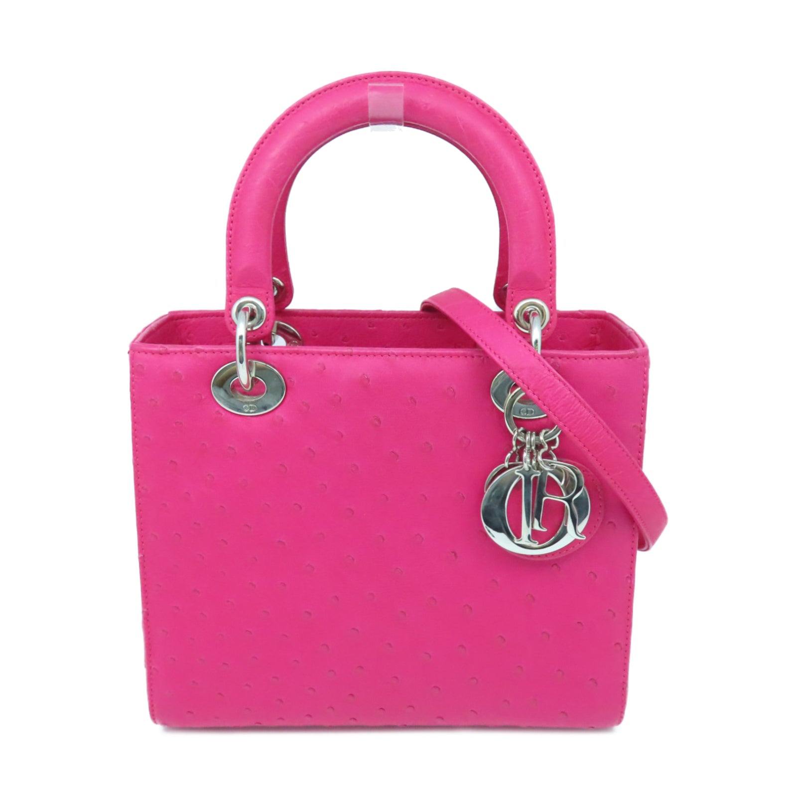 Dior Ostrich Leather Lady Dior Silver Buckle Handle Shoulder Bag Pink