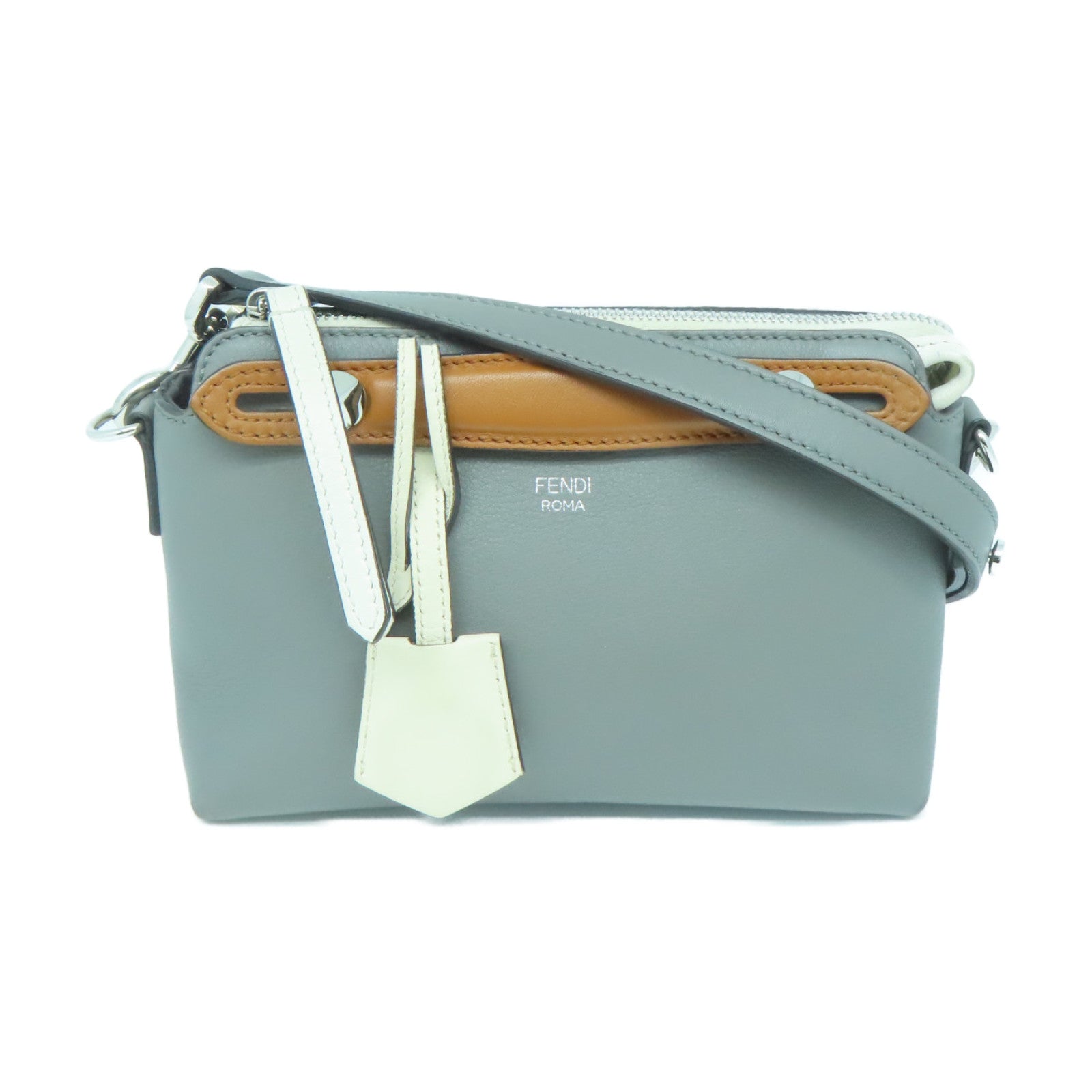 FENDI Cowhide Leather By The Way Mini Silver Buckle Handle Shoulder Bag Gray