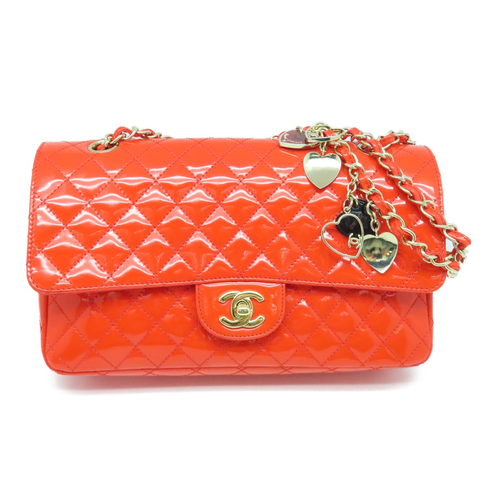 CHANEL diamond patent leather Chain Shoulder Bag gold buckle chain shoulder bag orange