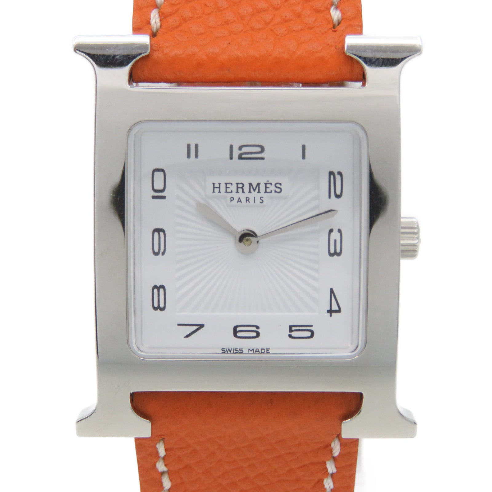 HERMES Heure H Small Watch Stainless Steel Leather Band Watch Quartz Movement White Orange