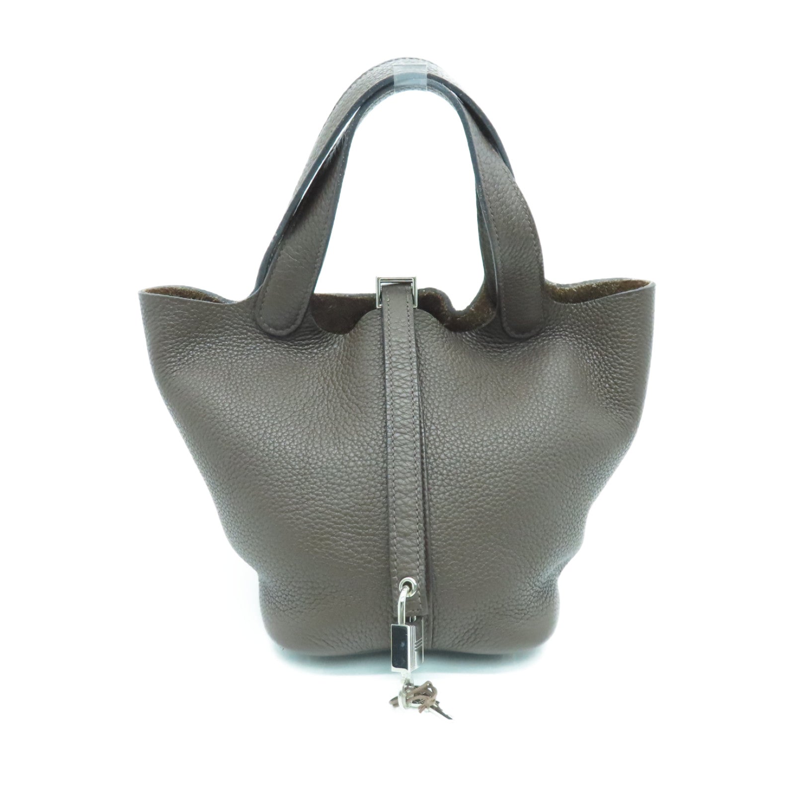 HERMES Clemence Leather Picotin PM Silver Button Handle Bag Cacao