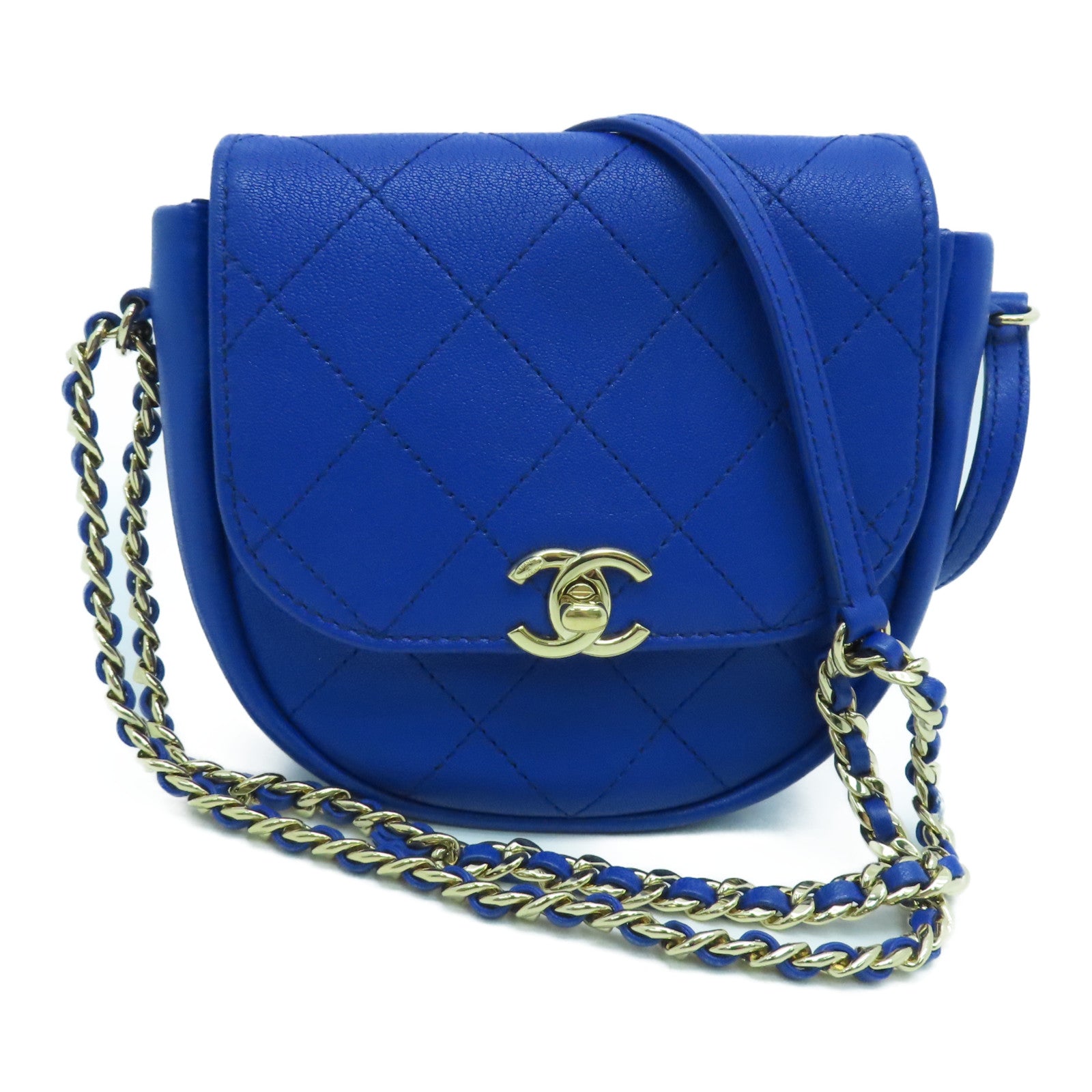 CHANEL rhombic cowhide leather Chain Shoulder gold buckle shoulder bag blue