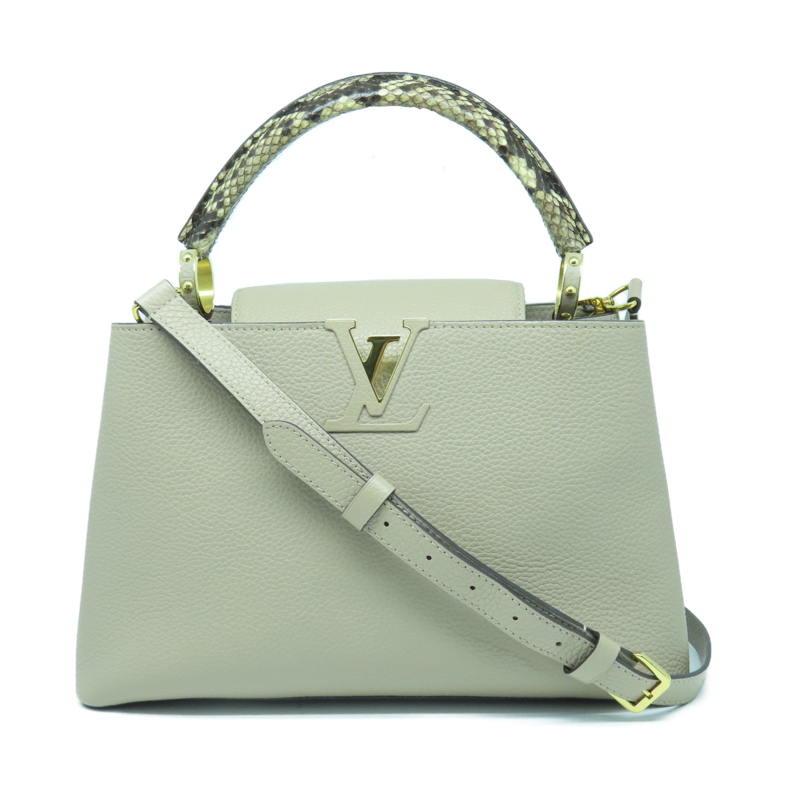 LOUIS VUITTON Cowhide Leather Snakeskin Leather Capucines MM Gold Buckle Handle Shoulder Bag Taupe