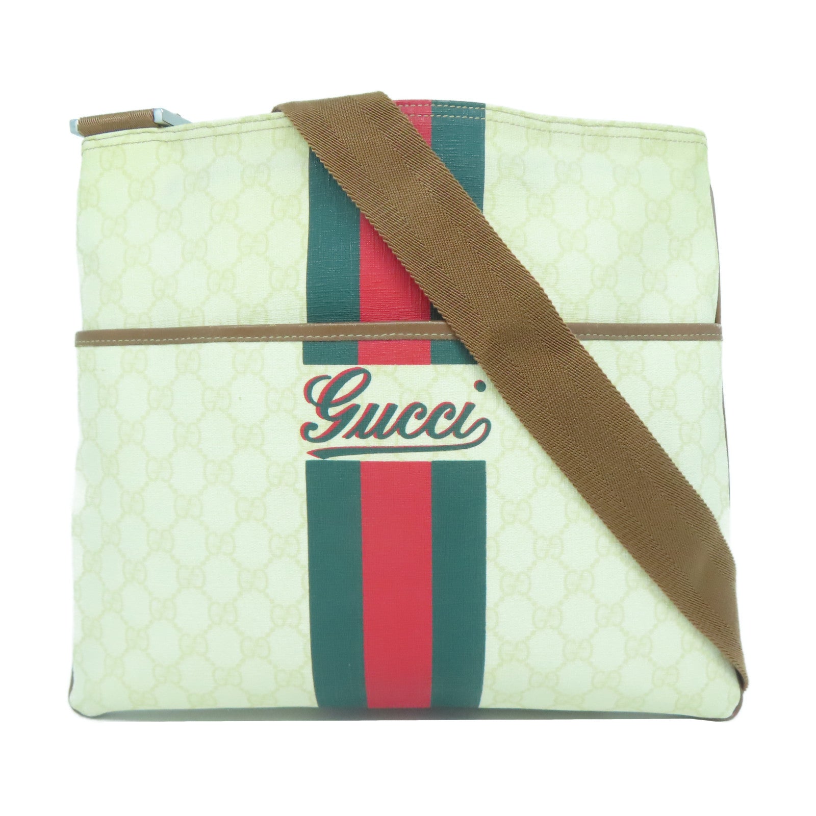 GUCCI 塗層帆布Shoulder Bag銀扣肩背袋奶油色/綠色/紅色