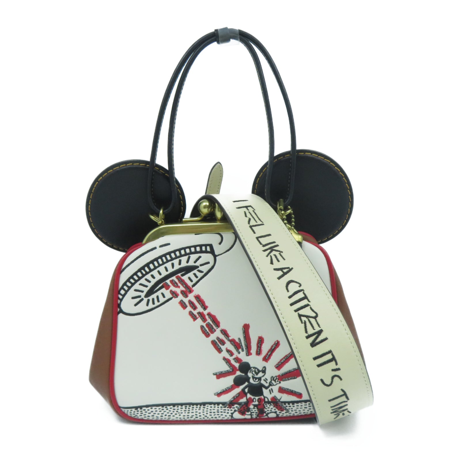 COACH 牛皮皮革Disney Mickey x Keith Haring UFO金扣手挽肩背兩用袋啡色/白色