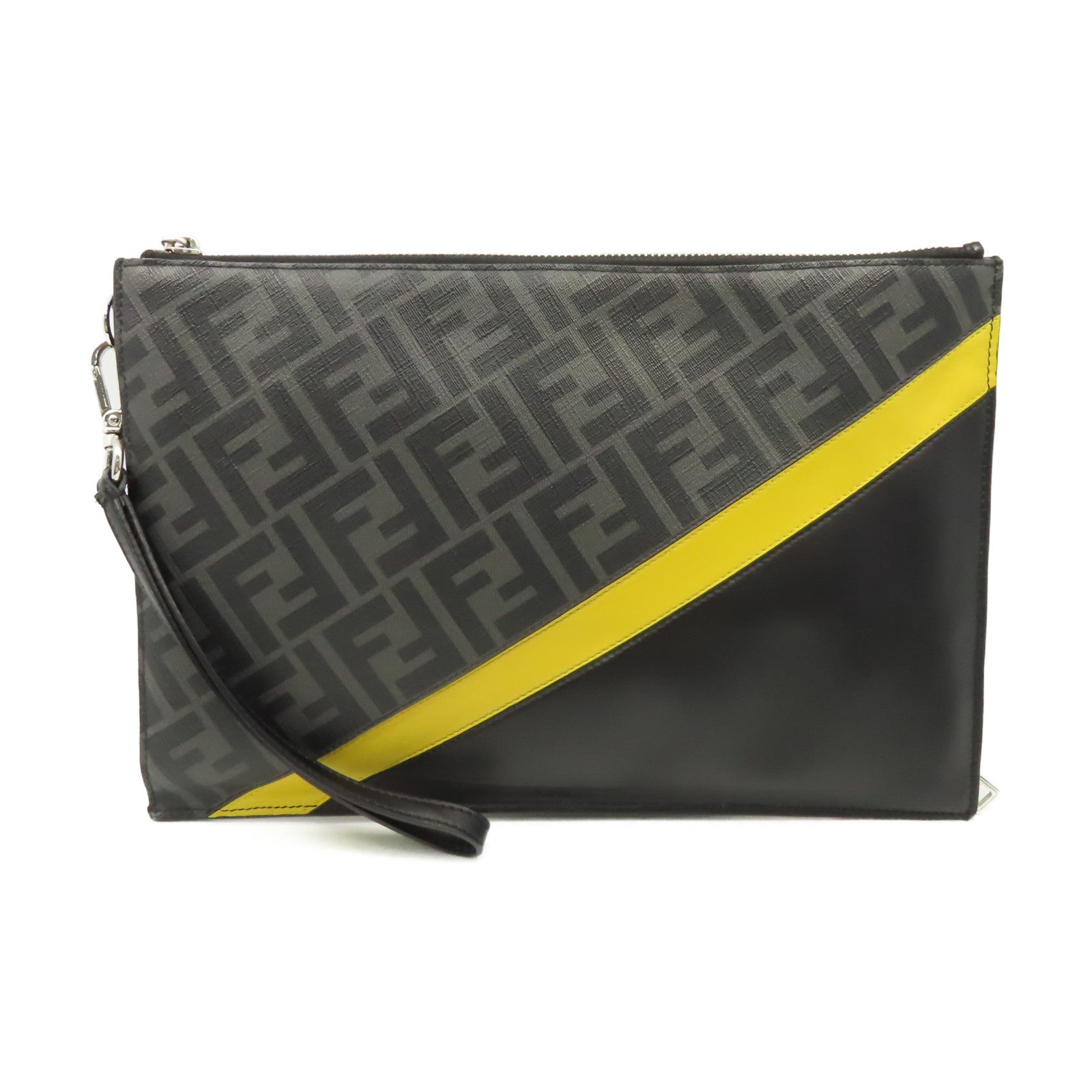 FENDI 塗層帆布/牛皮皮革Clutch Bag銀扣手拿包碳灰色/黑色/黃色– Brand