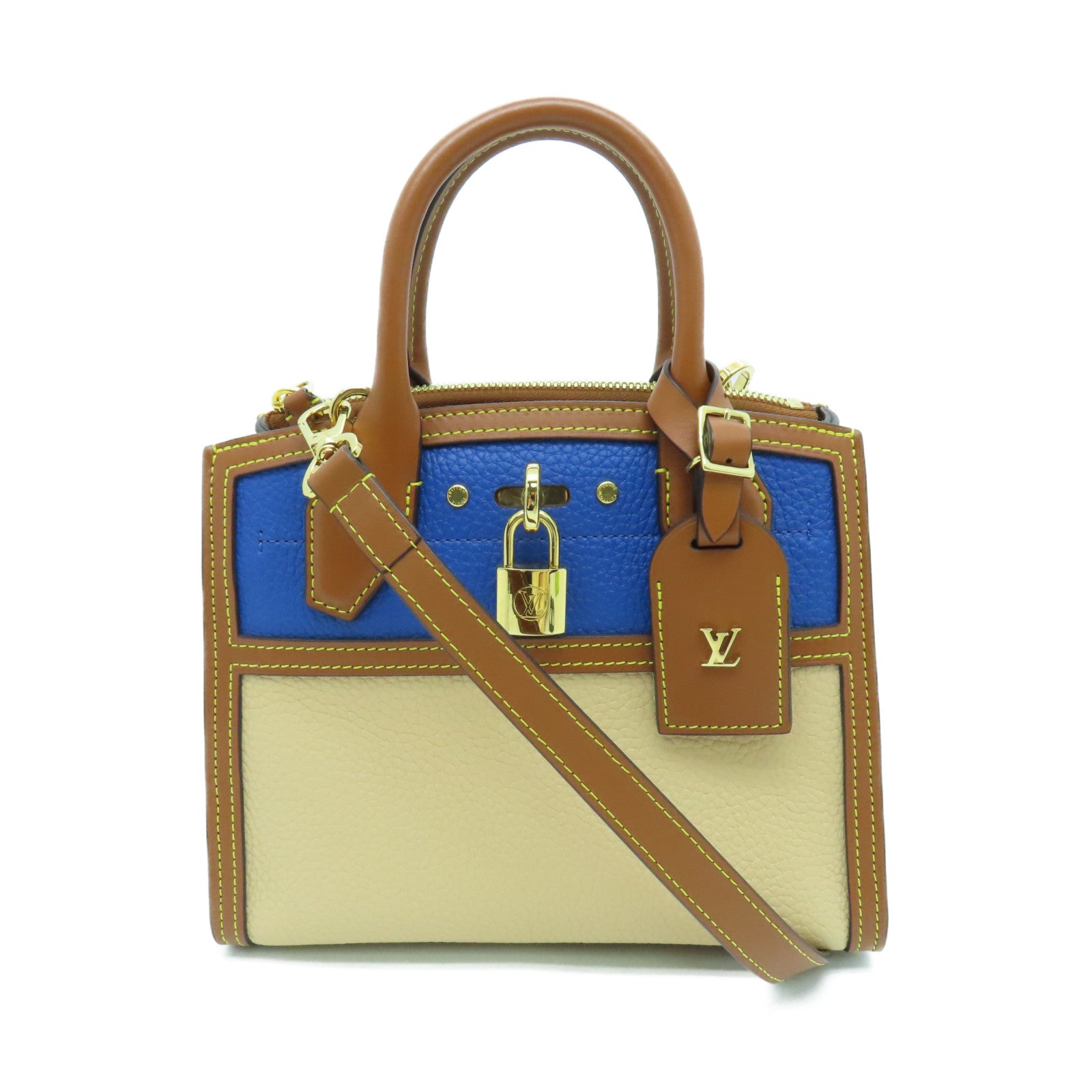 LOUIS VUITTON Cowhide Leather City Steamer Mini Gold Buckle Handle Shoulder  Bag Brown Blue