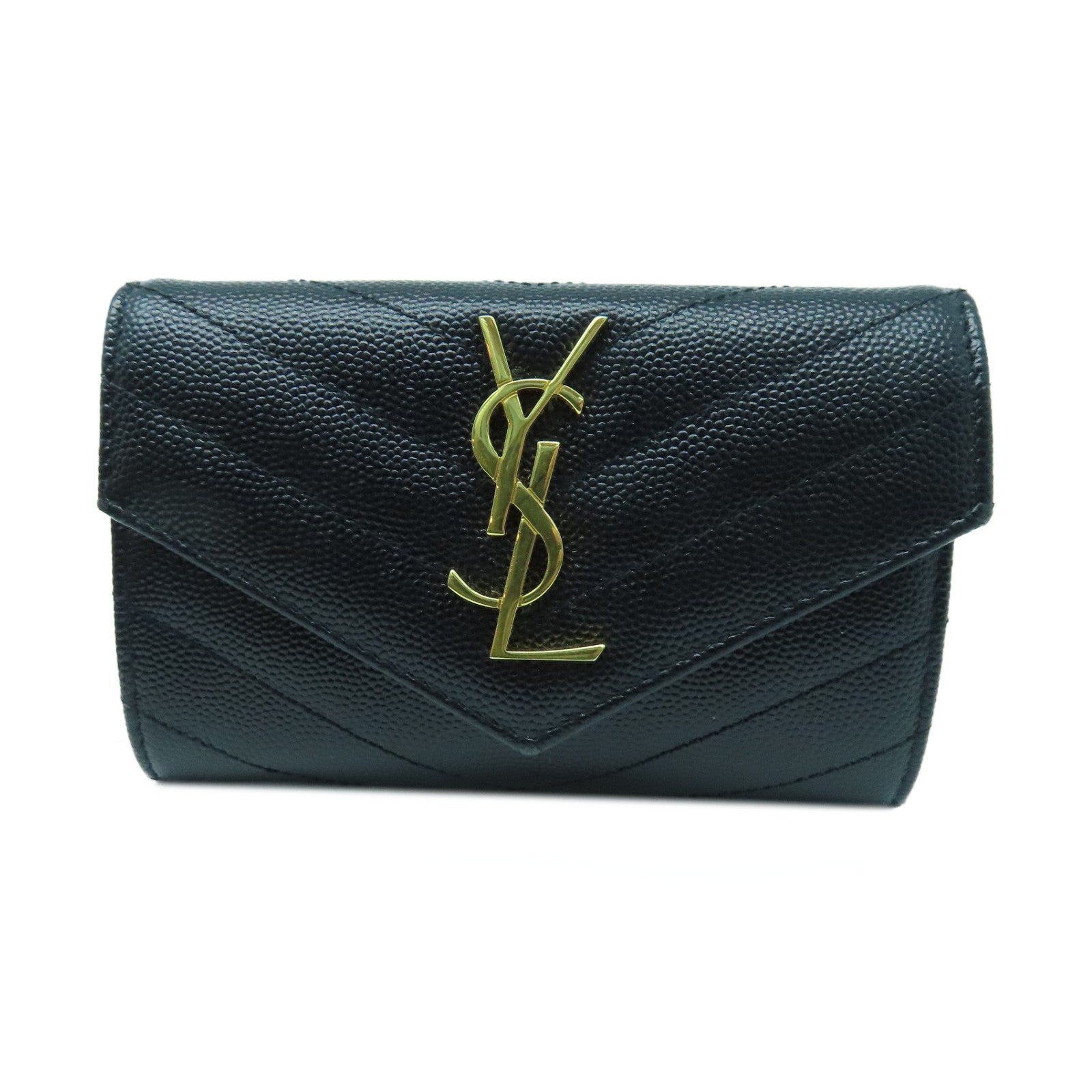 SAINT LAURENT Calf Leather Card Case Gold Buckle Black Brand Off