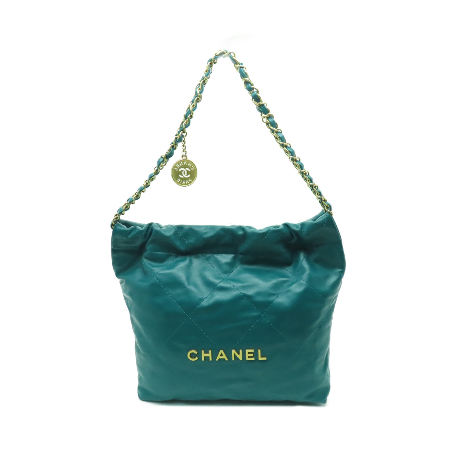 CHANEL 菱格牛皮皮革Chanel 22金扣鏈帶肩背袋綠色