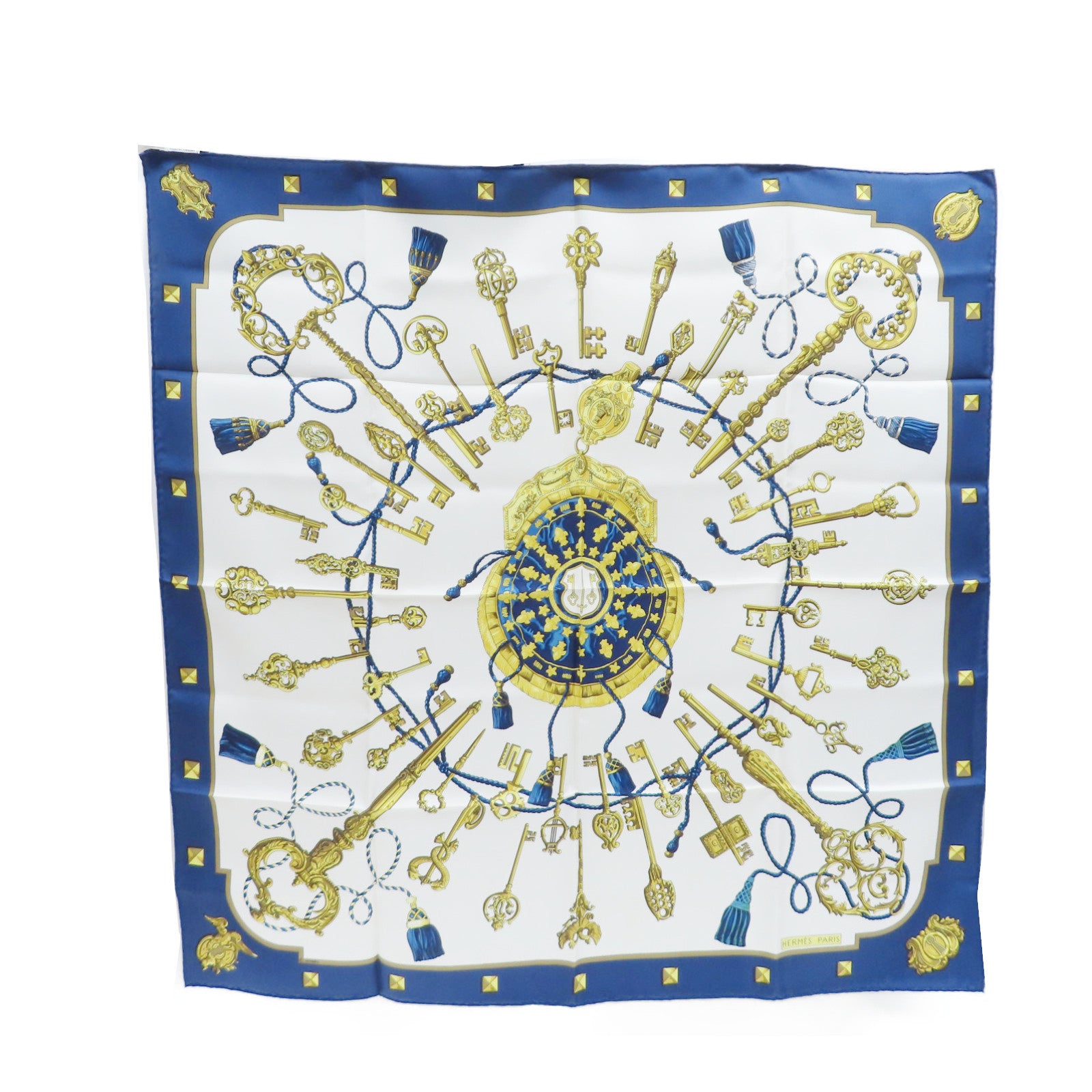 HERMES 絲質Scarf 90X90絲巾藍色/白色/金色