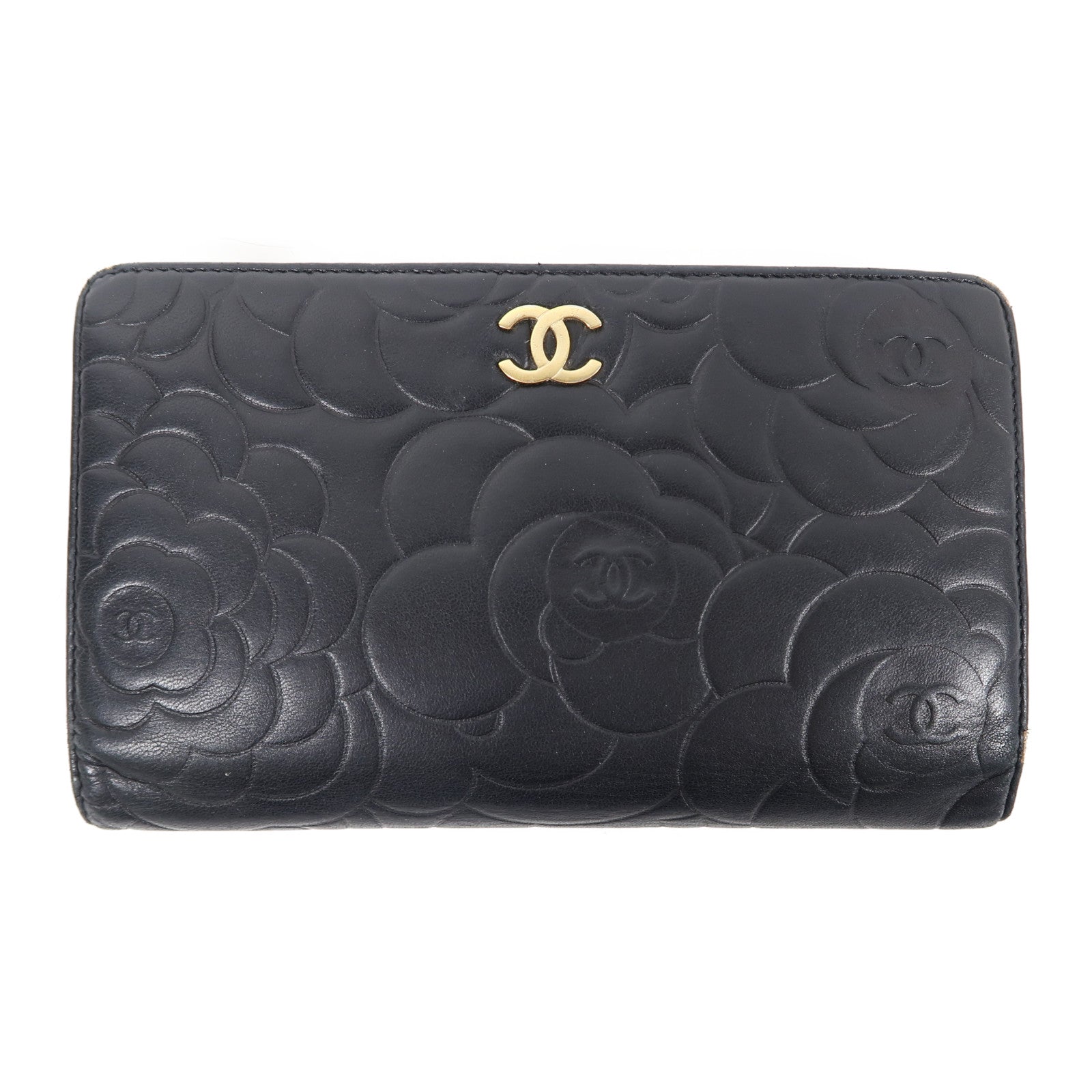 CHANEL 羊皮皮革Long Wallet金扣長錢包黑色