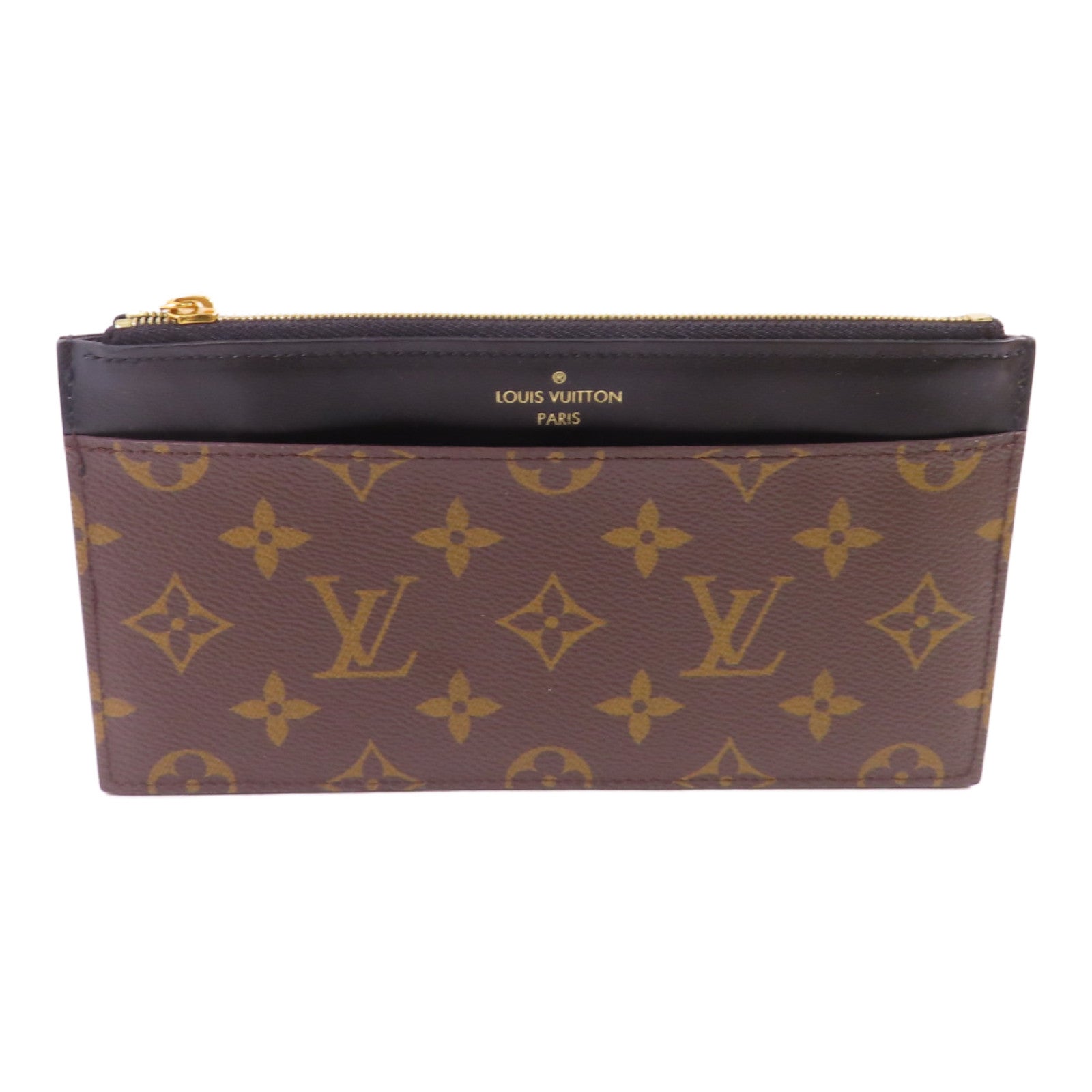 LOUIS VUITTON Monogram/牛皮皮革Slim Purse金扣拉鏈長錢包啡色/黑色