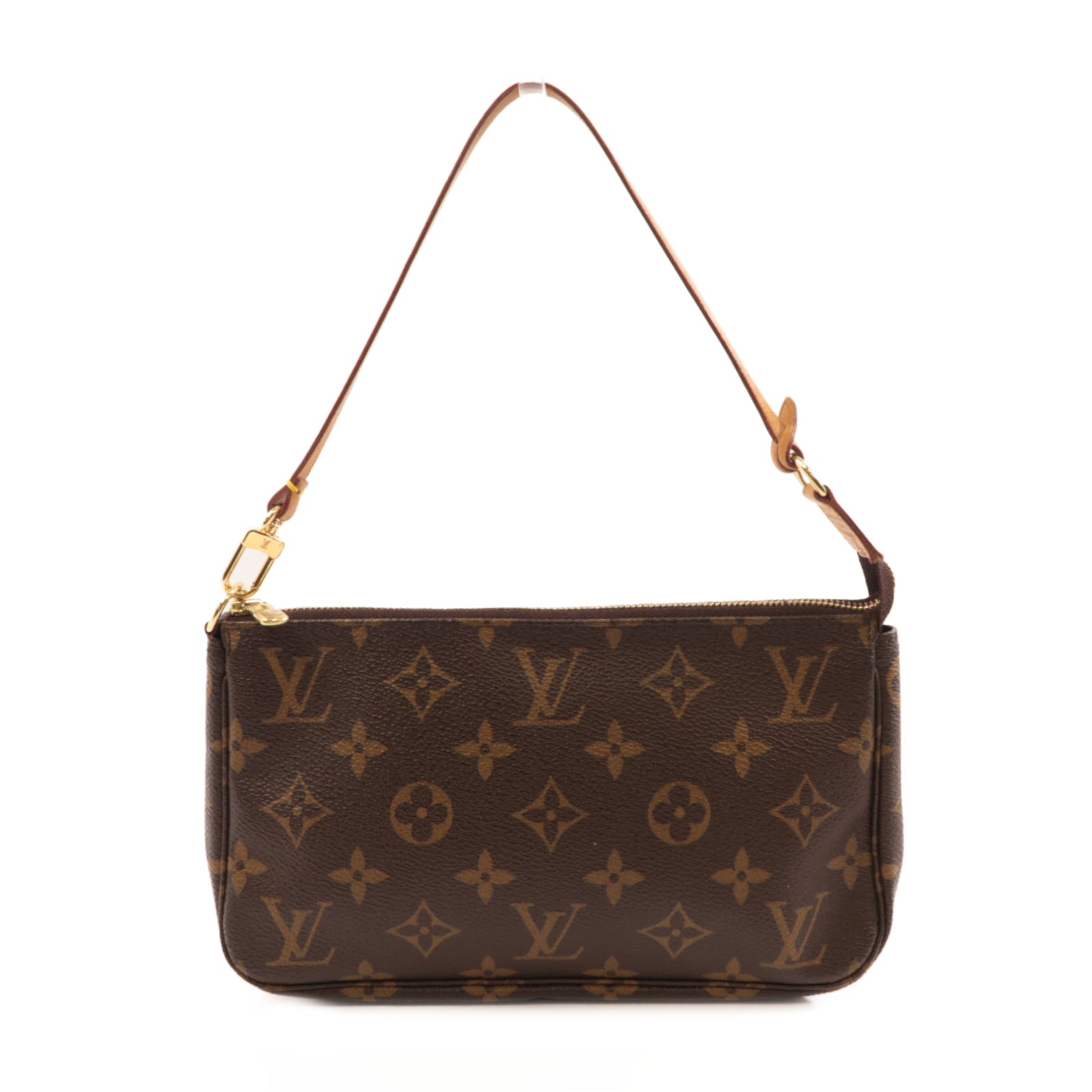 LOUIS VUITTON Monogram Pochette Accessoires金扣手挽袋棕色