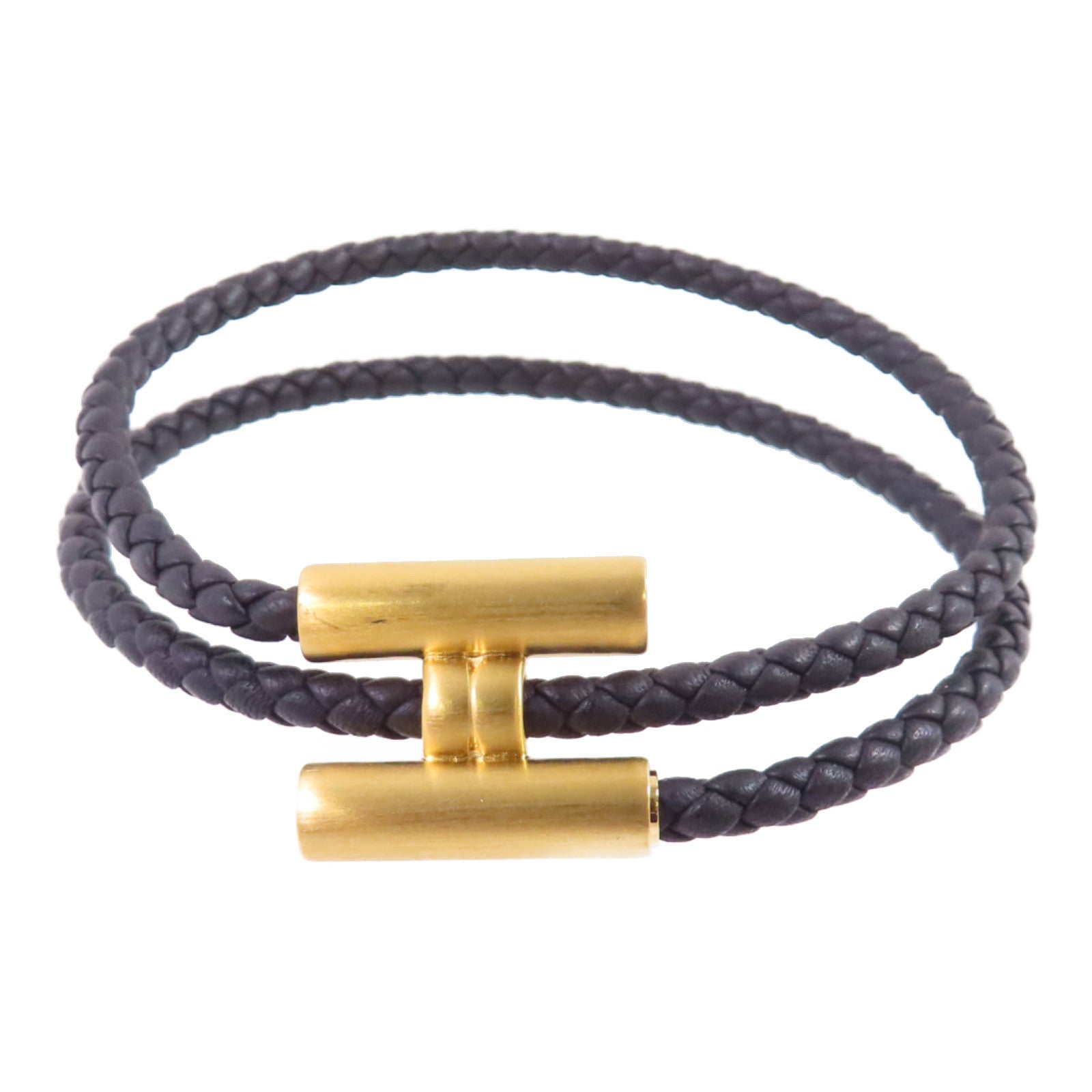 HERMES Swift皮革Tournis Tresse Bracelet金扣手鏈Noir黑色/金色