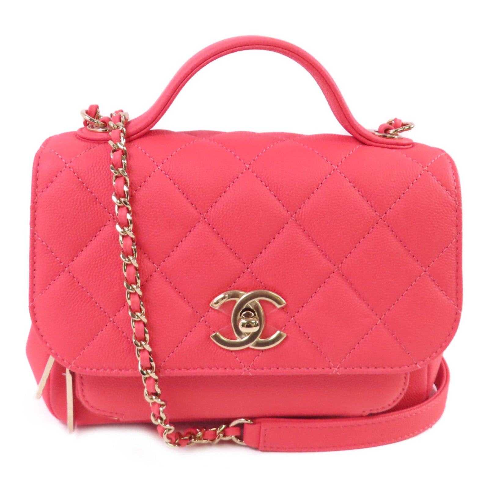 CHANEL 菱格Caviar皮革Affinity 2Way Chain Shoulder Bag金扣鏈帶手挽肩背兩用袋粉紅色