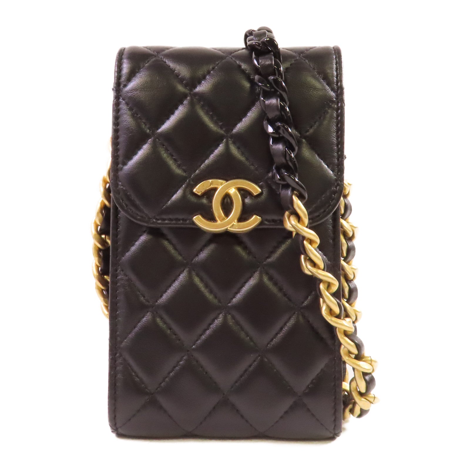 CHANEL 菱格羊皮皮革Phone Bag金扣鏈帶肩背袋黑色