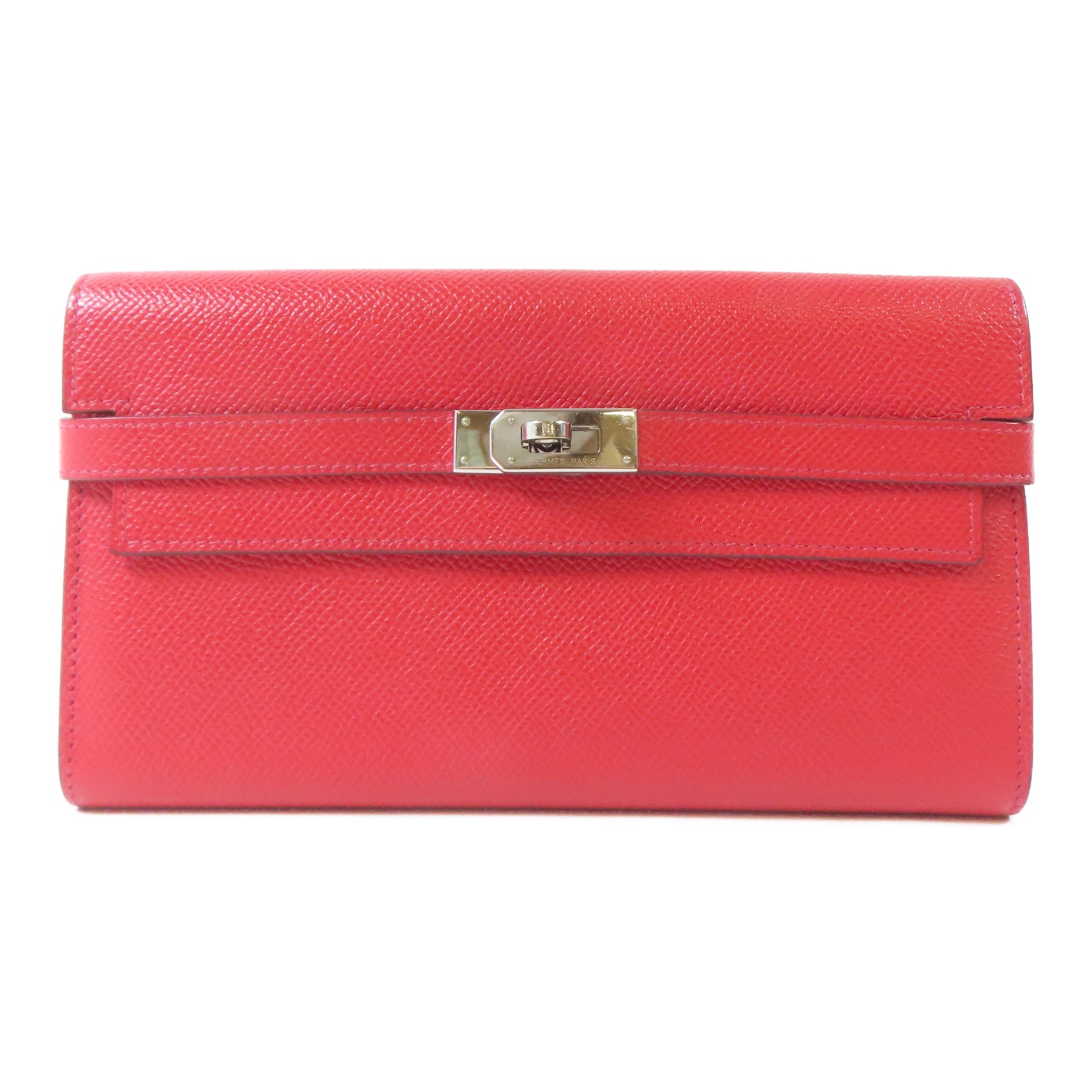 HERMES Epsom皮革Kelly Wallet銀扣長錢包Rouge Casaque/紅色