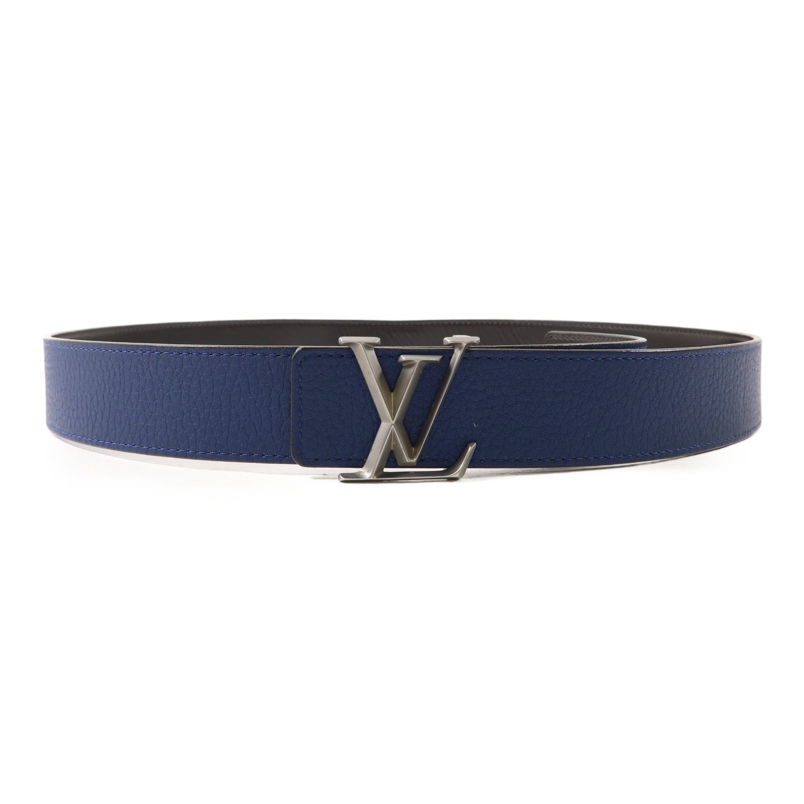 LOUIS VUITTON 牛皮皮革Belt 95cm銀扣皮帶深藍色