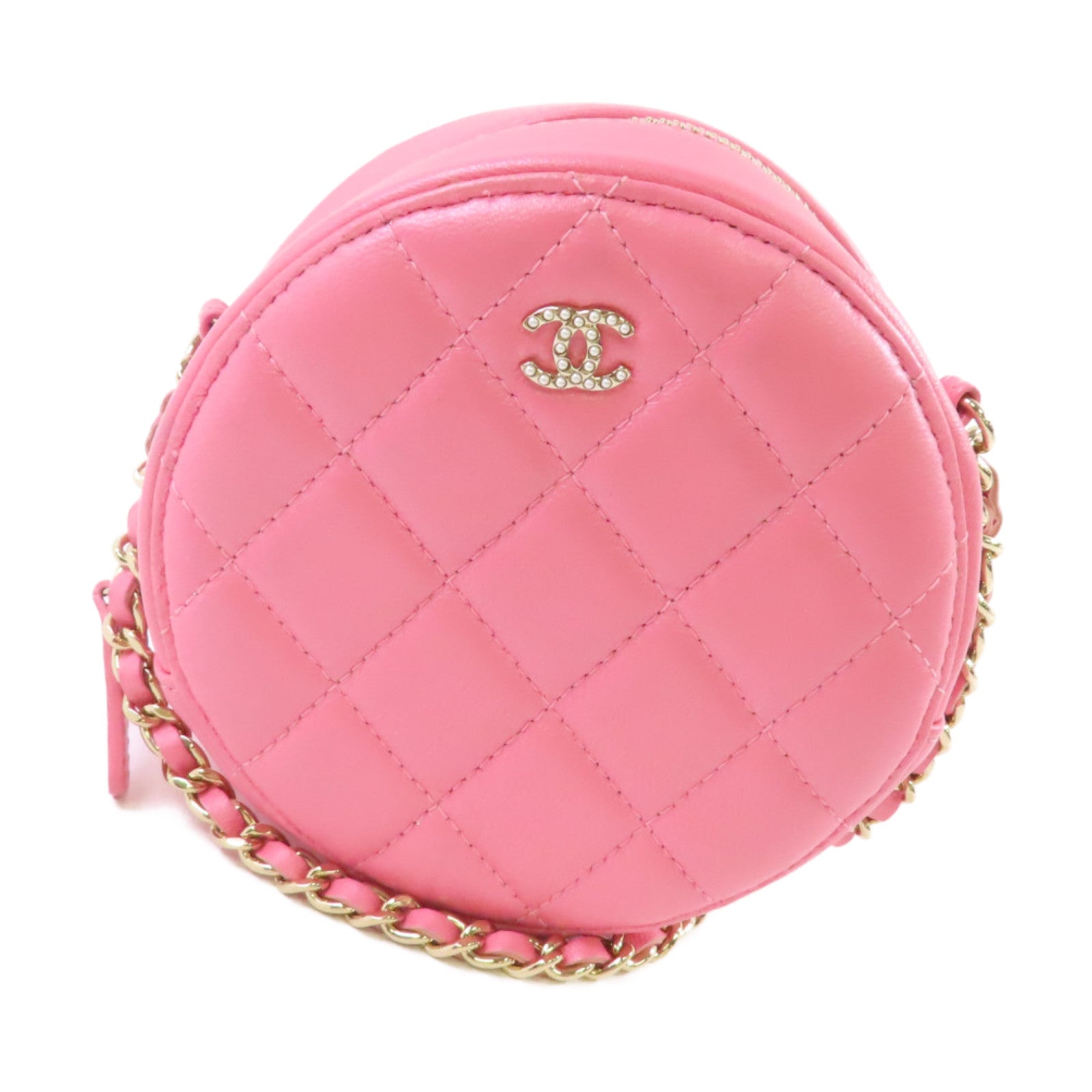 CHANEL 菱格羊皮皮革Round Pearl Shoulder Bag金扣鏈帶肩背袋粉紅色