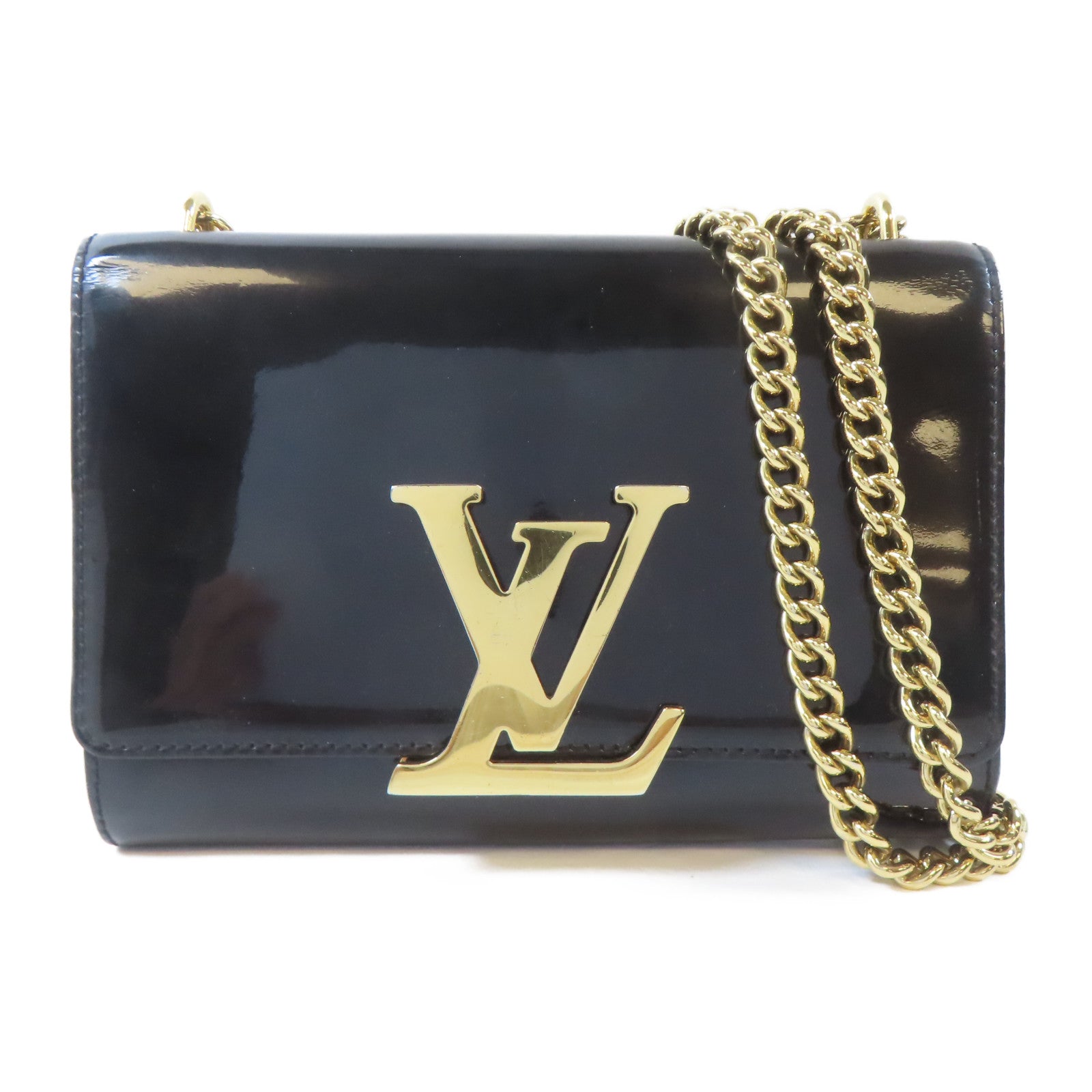 LOUIS VUITTON 漆皮皮革Pochette Louise MM金扣鏈帶肩背袋黑色