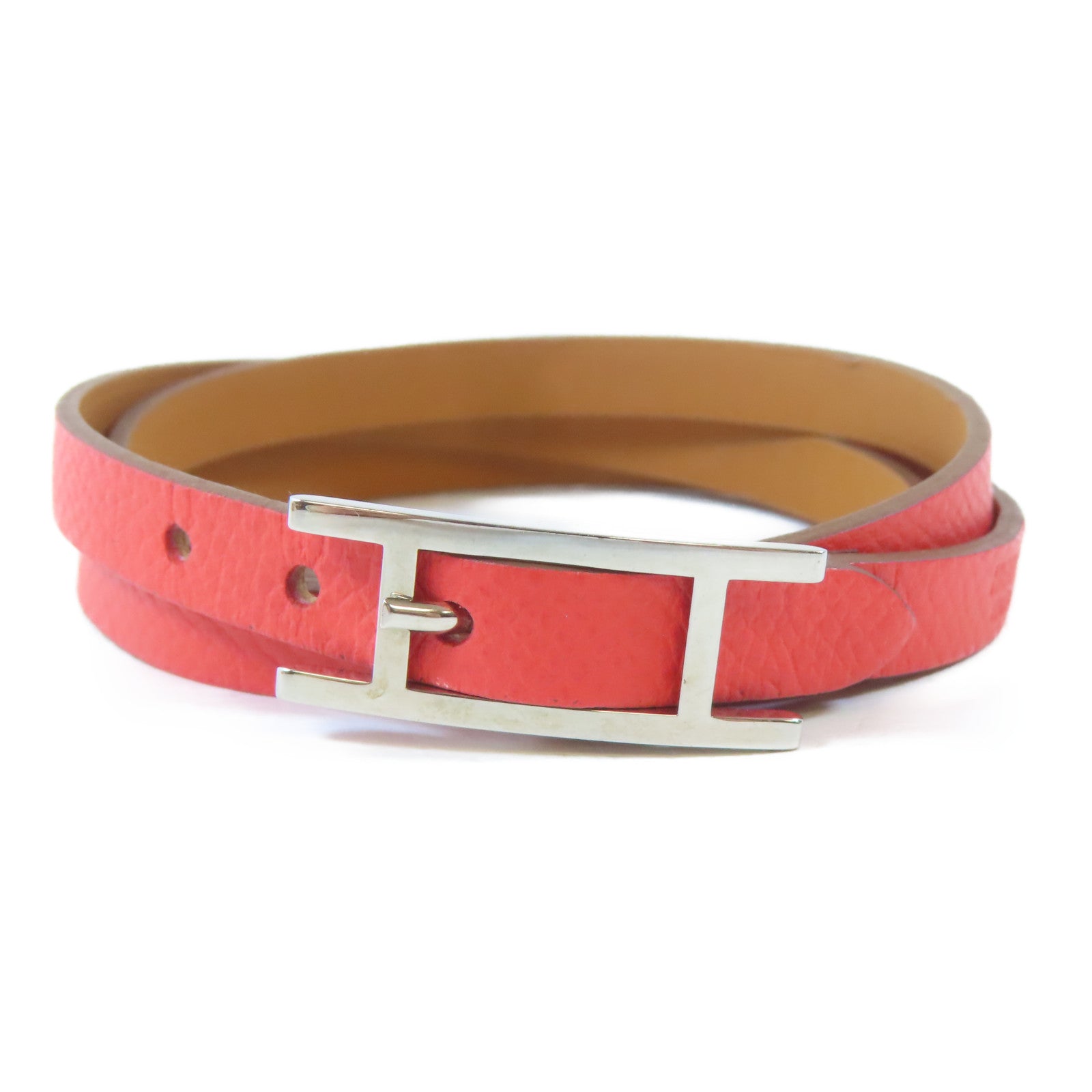 HERMES 皮革Hapi Triple Tour Bracelet銀扣手鐲紅色#20.5cm