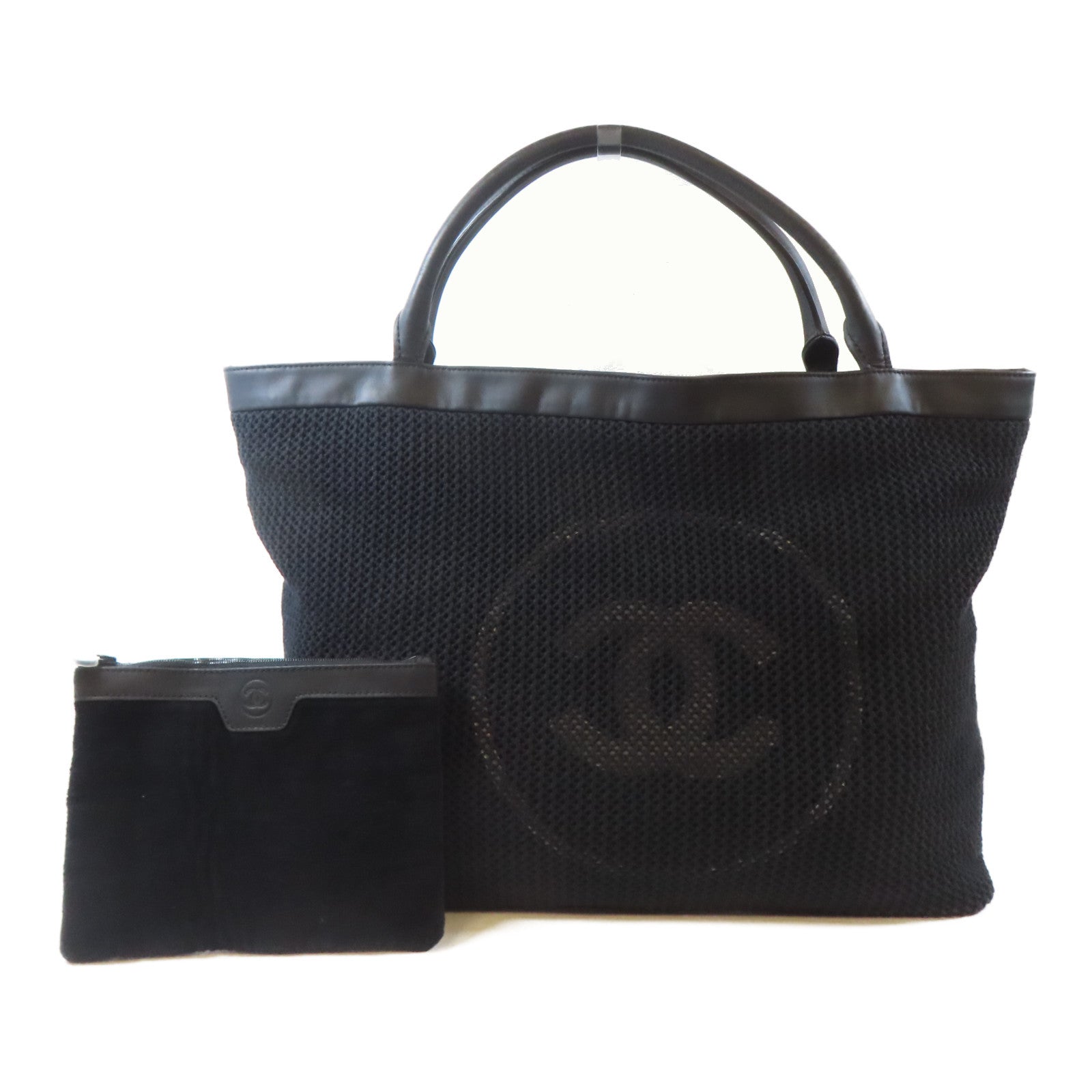 CHANEL 布料/皮革Tote Bag黑扣手挽袋黑色