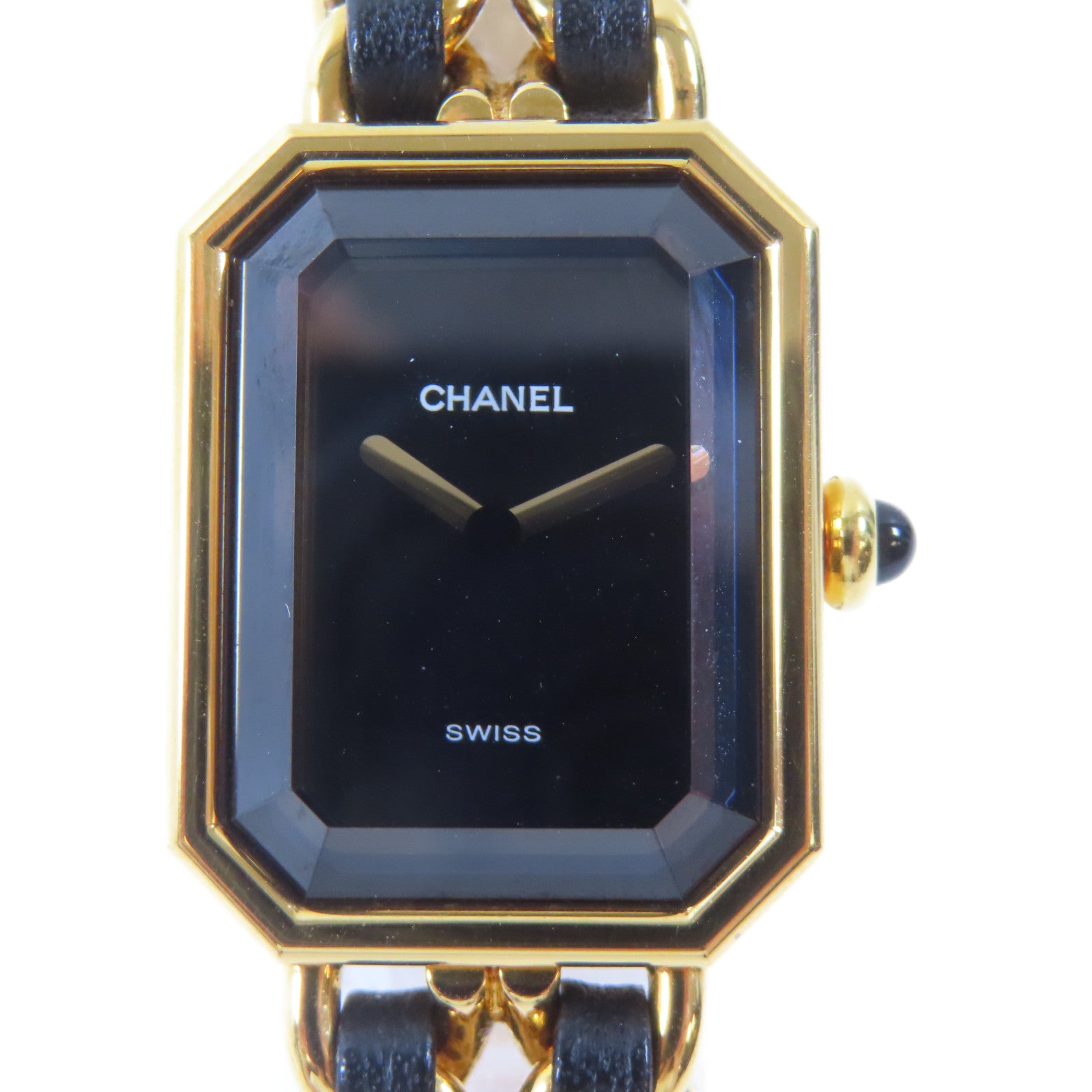 CHANEL Premiere L 18K鍍黃金/皮革手錶石英機芯黑色#16.25cm