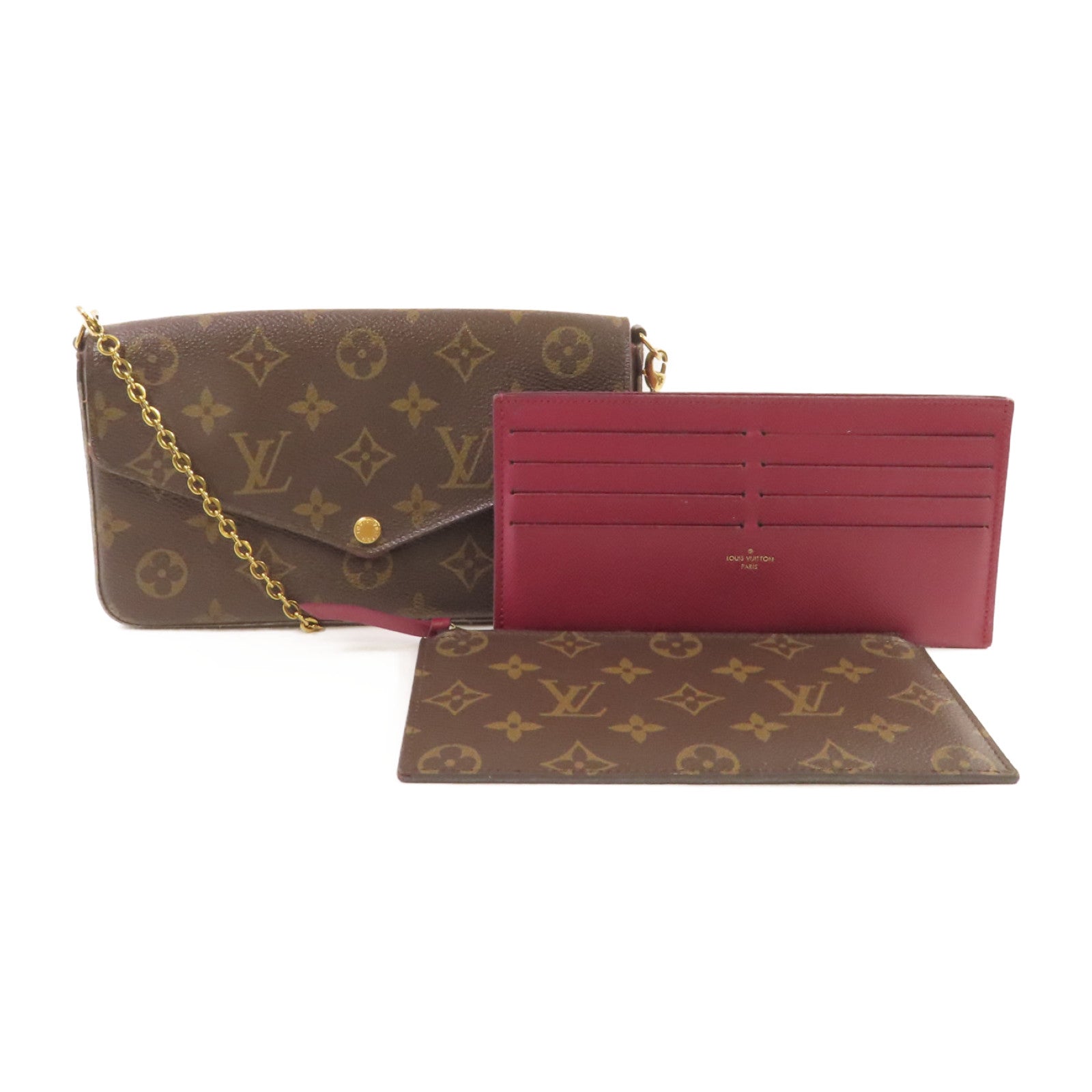 LOUIS VUITTON Monogram Pochette Felicie Chain Shoulder Bag金口鏈帶肩背袋啡色/酒紅色