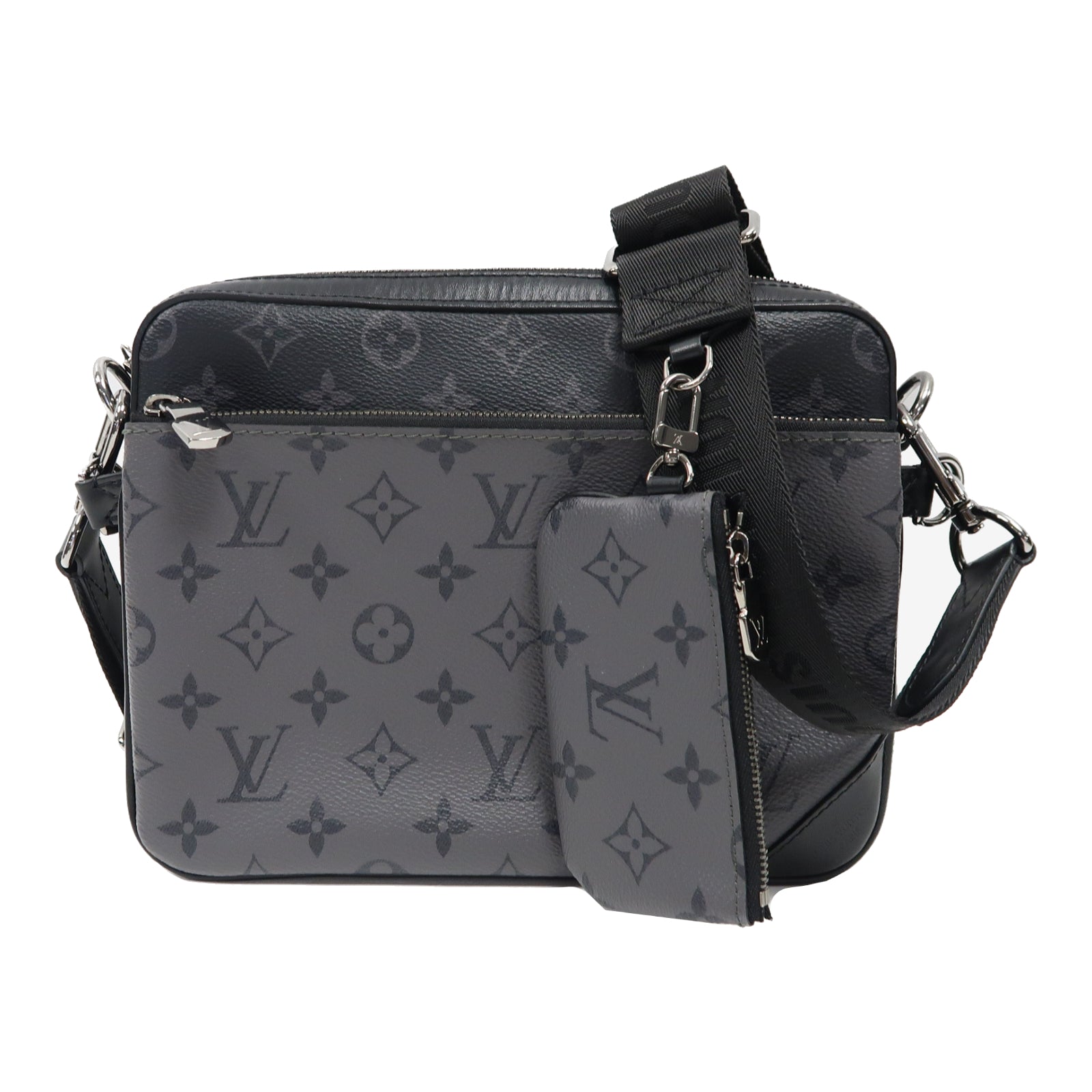 LOUIS VUITTON Monogram Eclipse Trio Messenger Bag銀扣肩背袋黑色