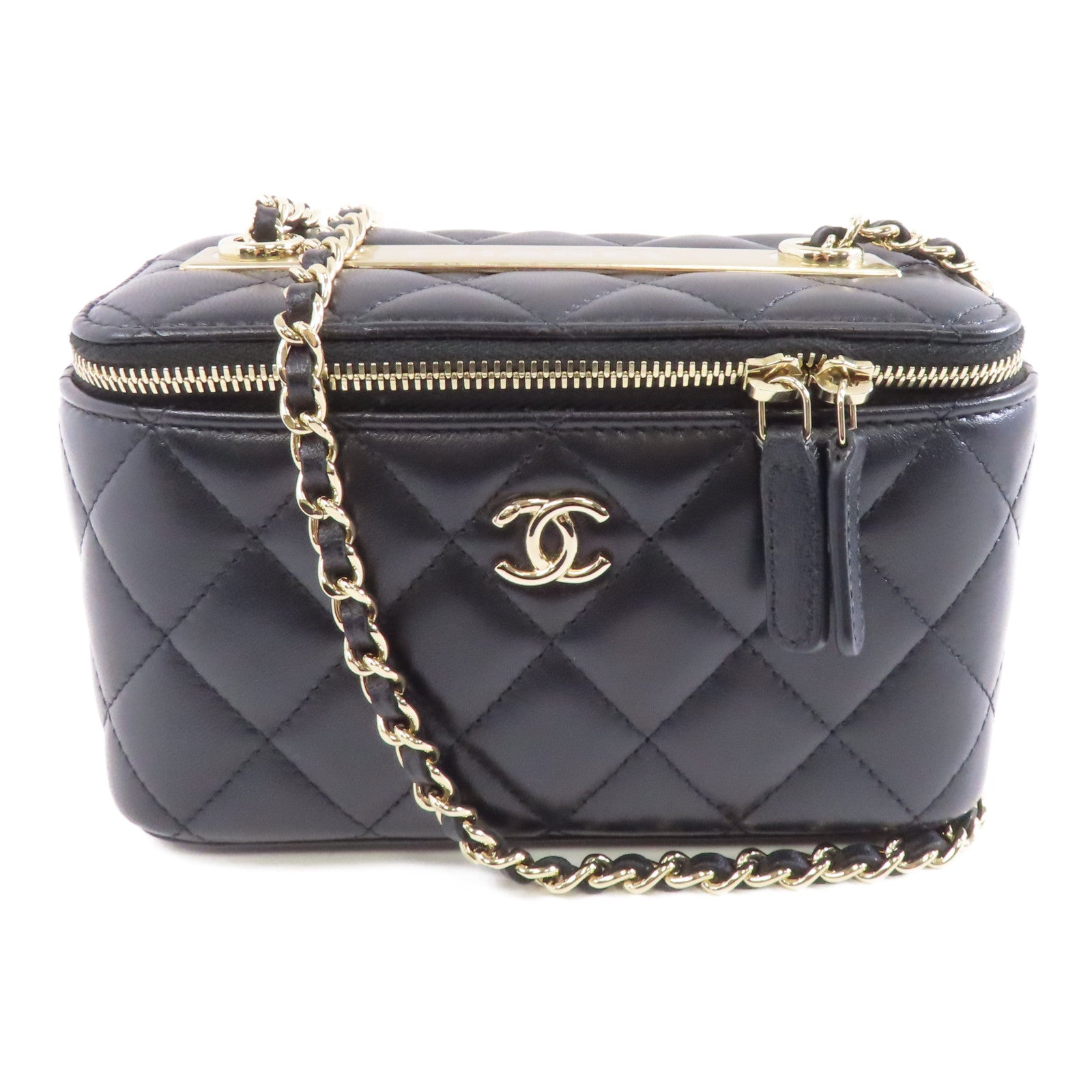 CHANEL 菱格羊皮皮革Vanity Bag金扣鏈帶肩背袋黑色