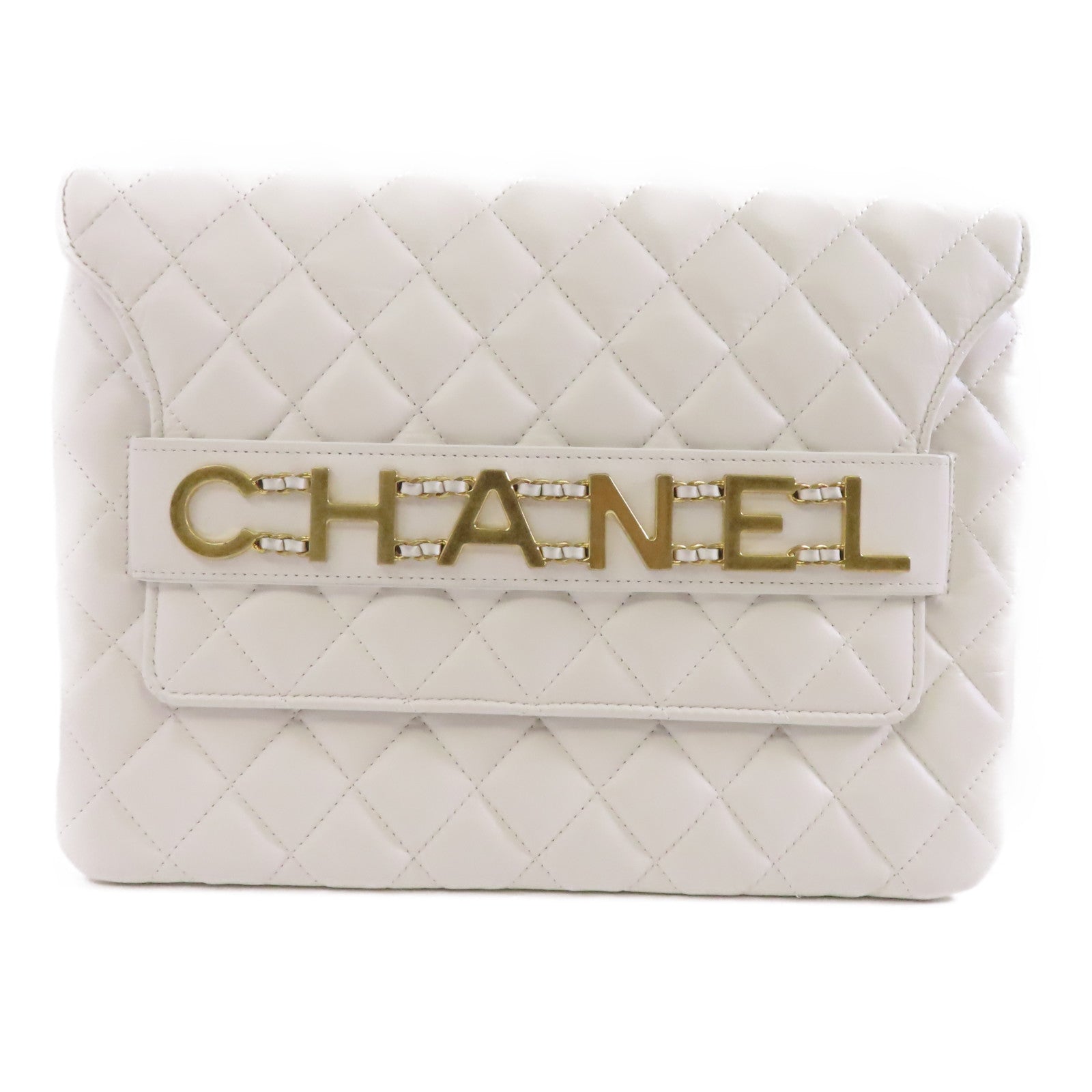 CHANEL 菱格牛皮皮革Enchained Clutch Bag金扣手拿包白色