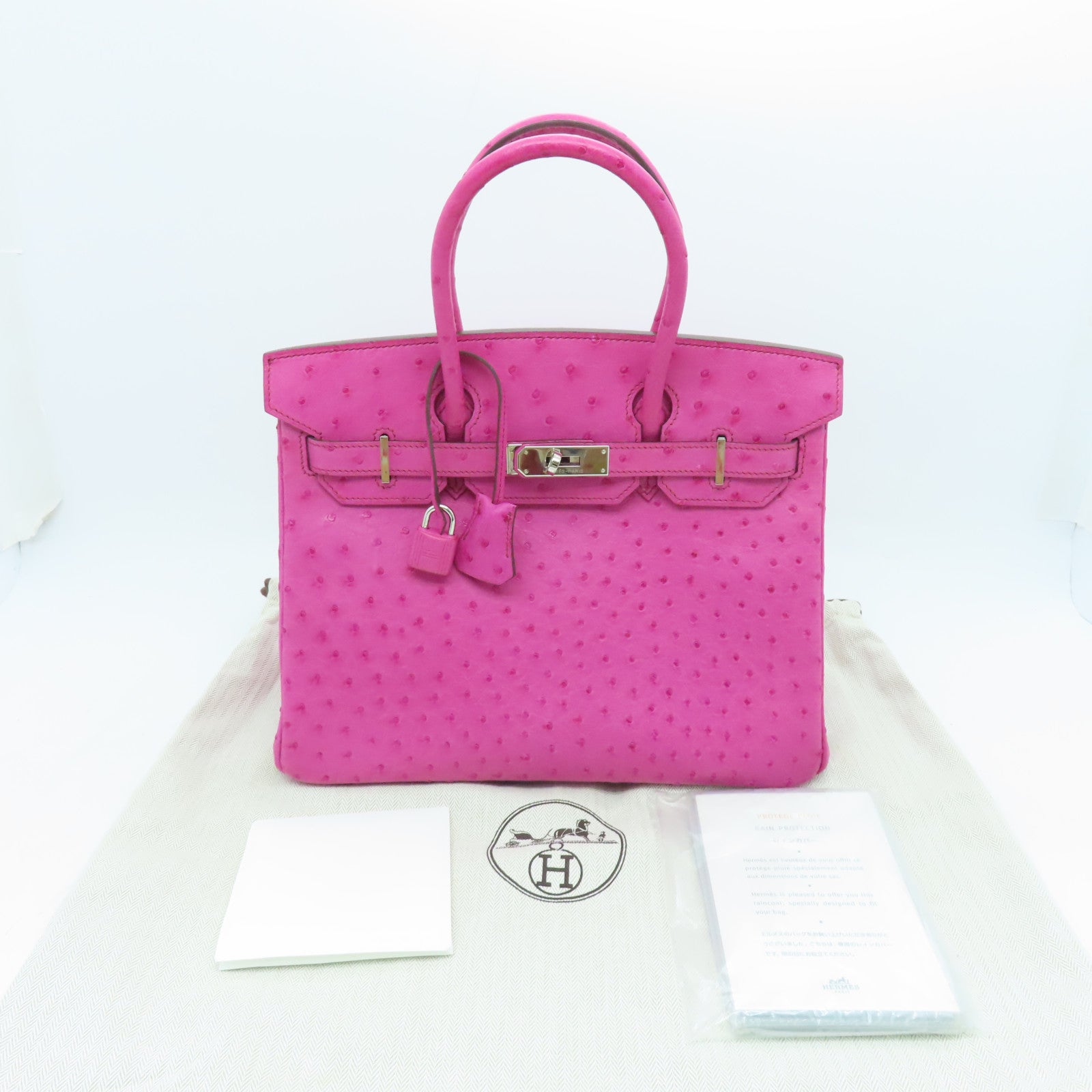 HERMES Ostrich Leather Birkin 30 Silver Buckle Hand Bag Fuchsia