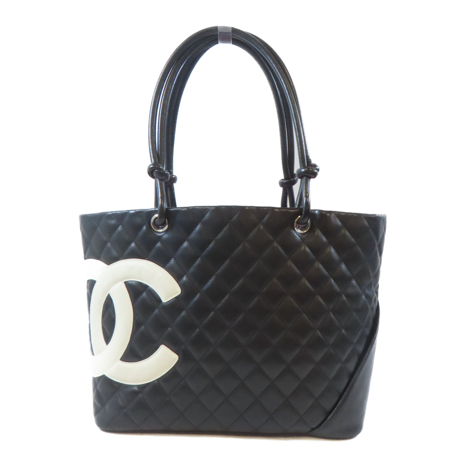 CHANEL 菱格牛皮皮革Cambon Tote Bag銀扣手挽袋黑色/白色