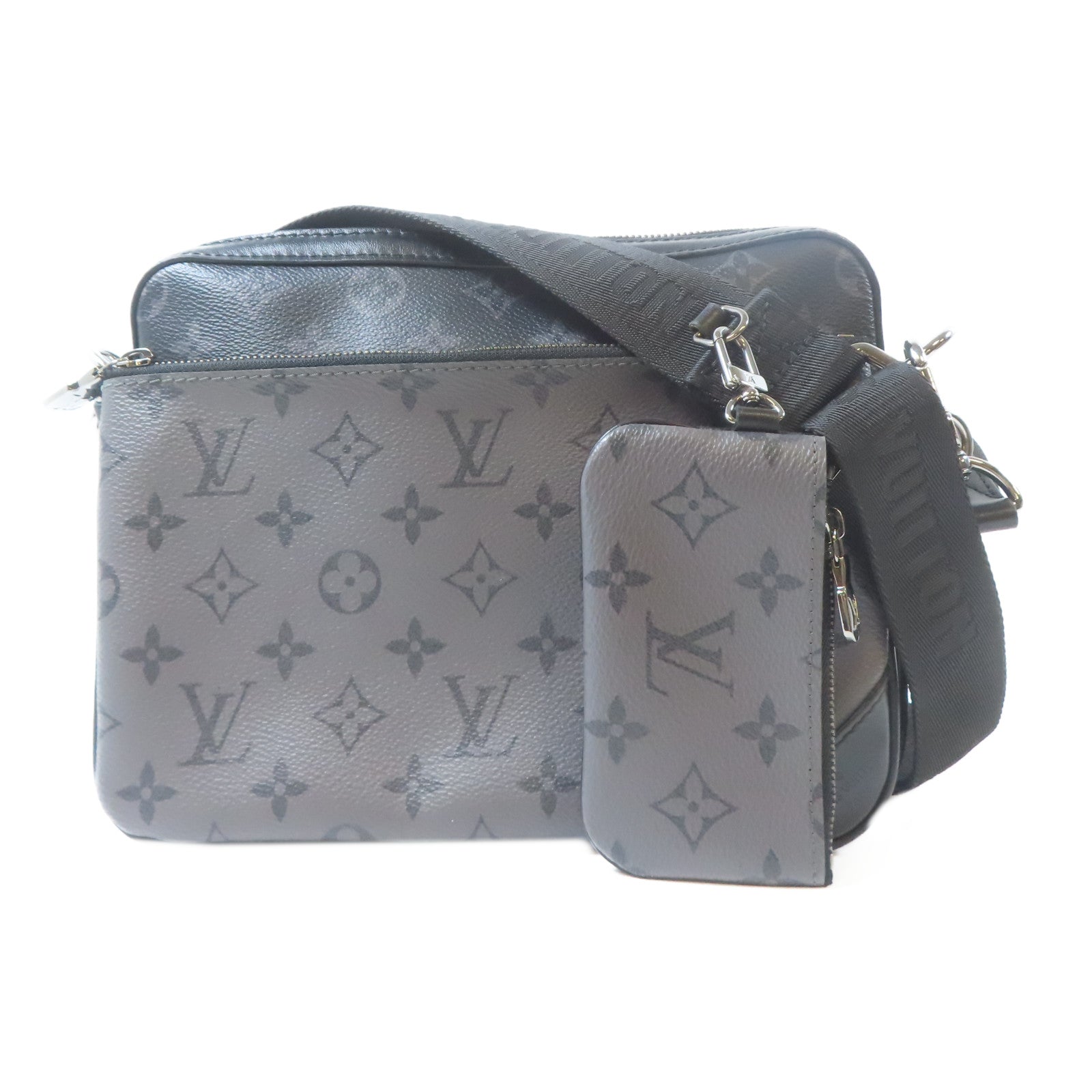 LOUIS VUITTON Monogram Eclipse Trio Messenger銀扣肩背袋黑色/灰色