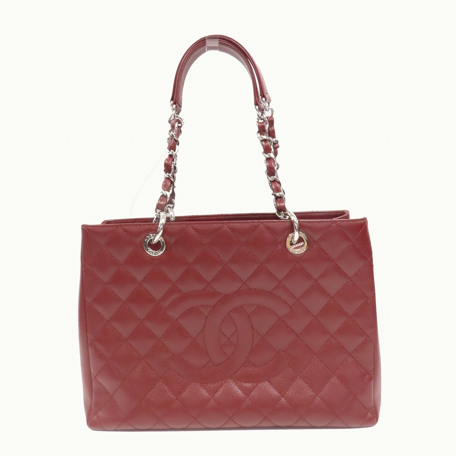 CHANEL 菱格Caviar皮革Grand Shopping Tote Bag銀扣鏈帶肩背袋深紅色