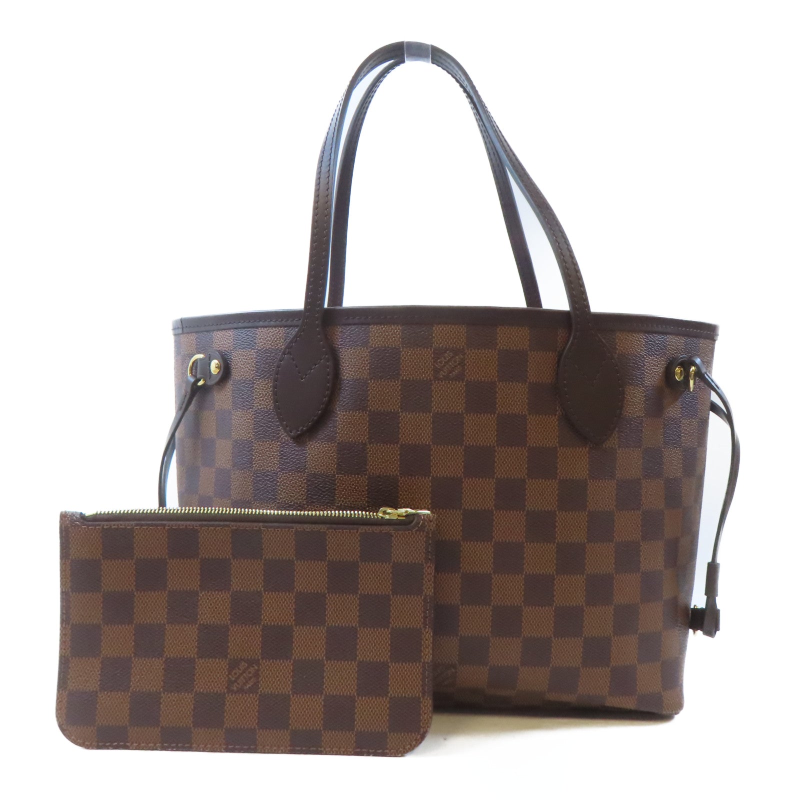 LOUIS VUITTON Damier NeverFull PM金扣肩背袋棕色