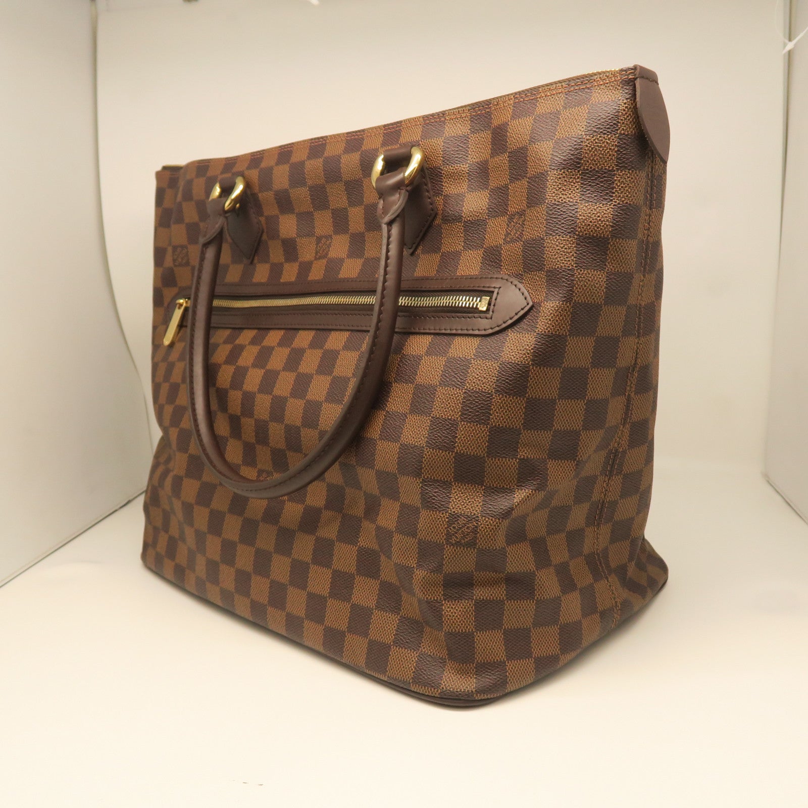 LOUIS VUITTON Damier Saleya MM gold buckle handle bag brown