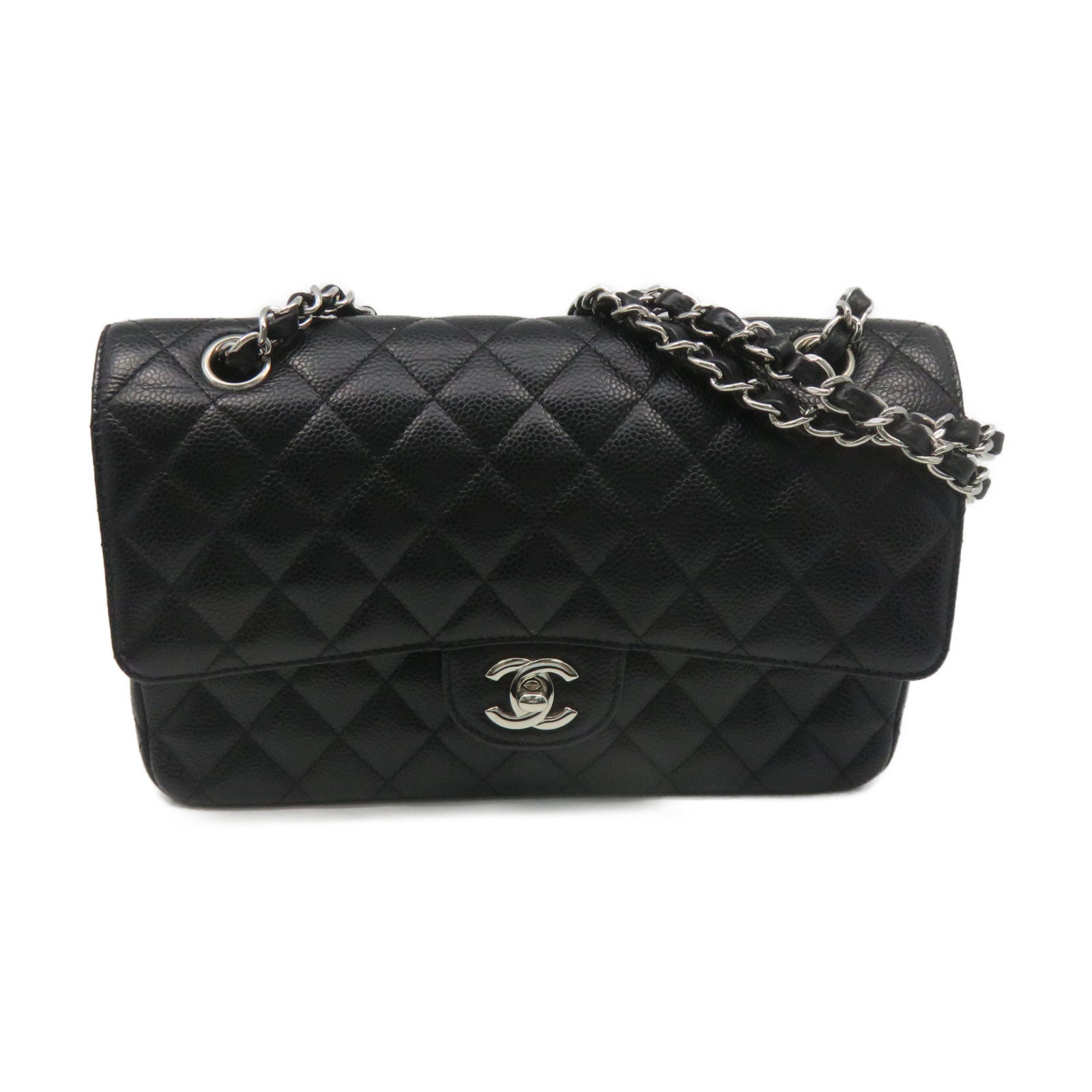 CHANEL 菱格Caviar皮革Classic Flap Chain Shoulder Bag銀扣鏈帶肩背袋黑色