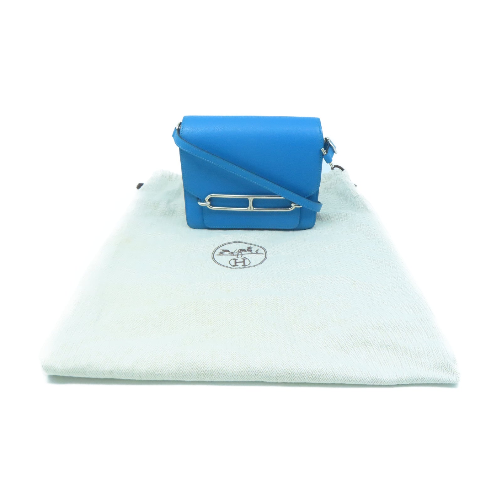 HERMES Evercolor Leather Mini Roulis Silver Buckle Shoulder Bag Tanzania  Blue