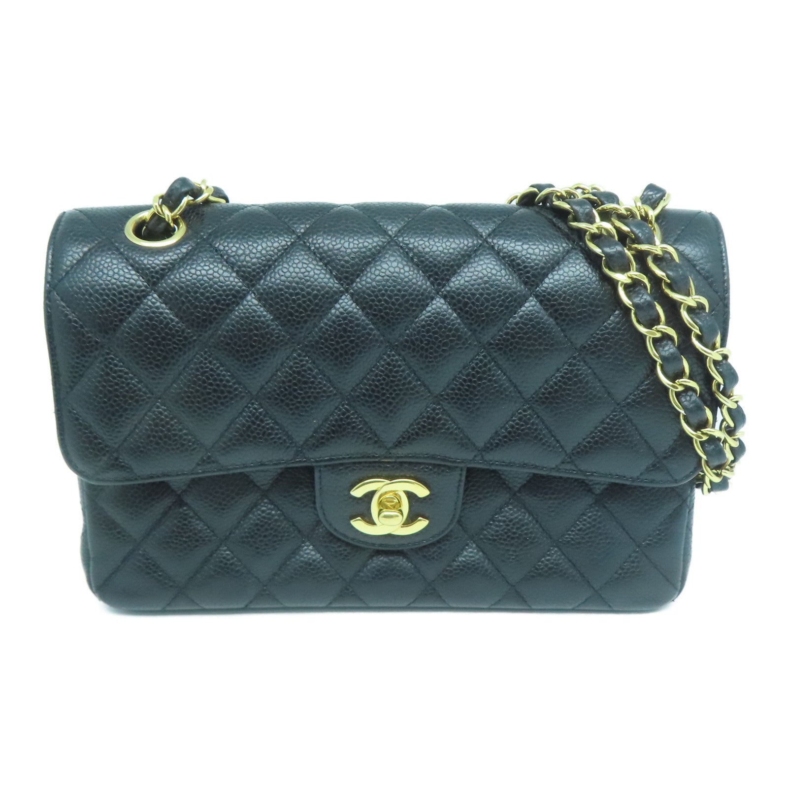 CHANEL 菱格Caviar皮革Classic Flap 23金扣鏈帶肩背袋黑色