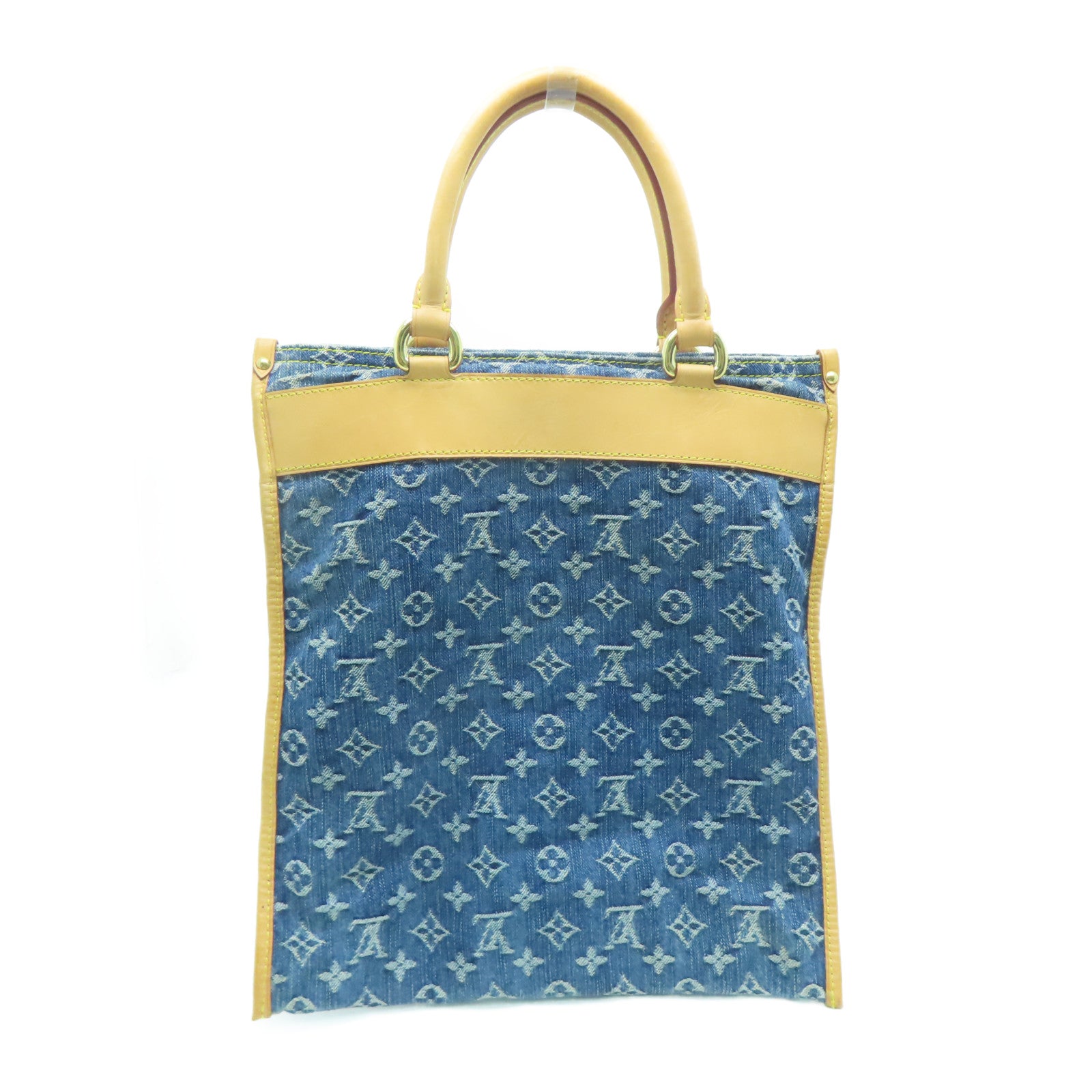 LOUIS VUITTON Monogram DenimFlat Shopper Tote Gold Buckle Hand Bag Blue