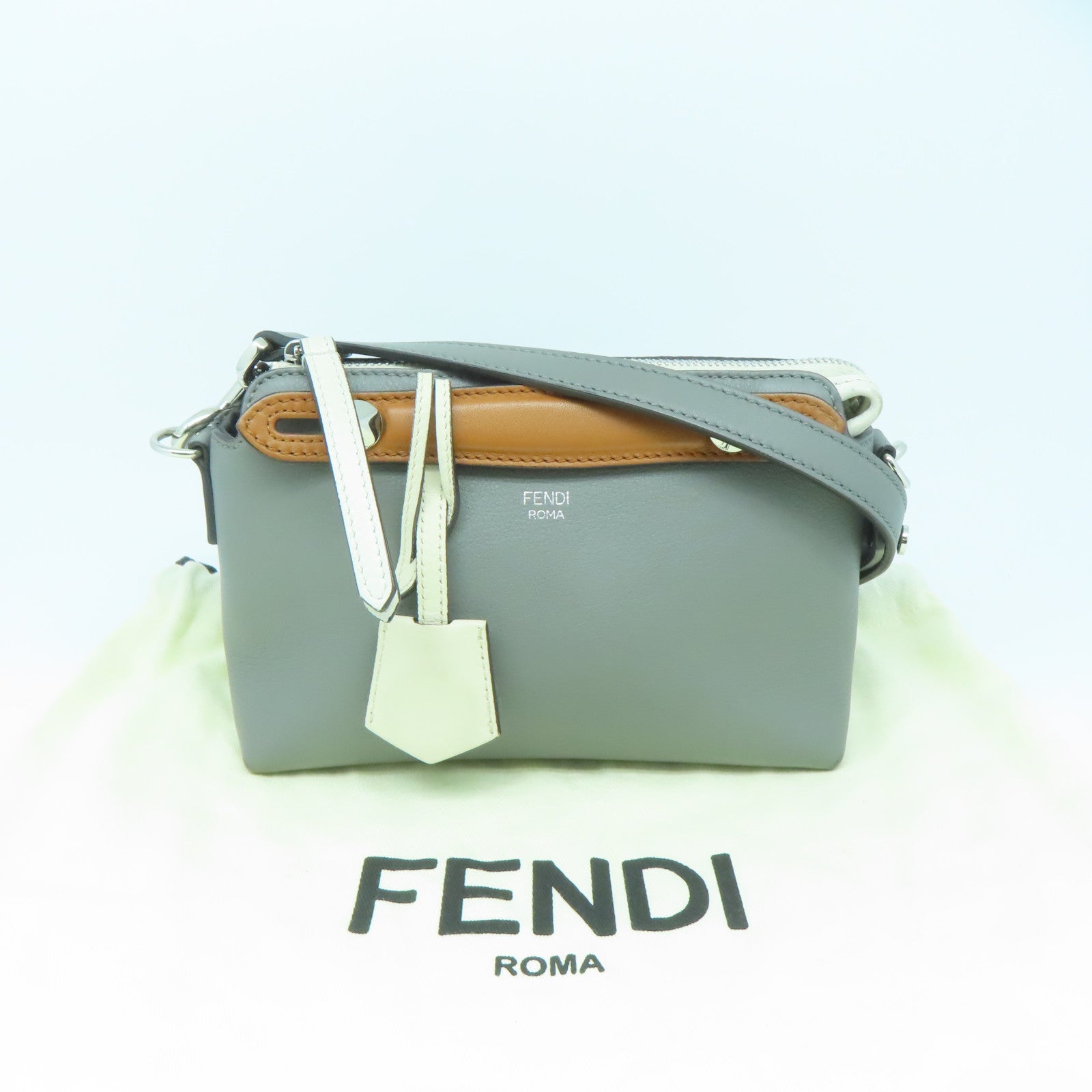 FENDI Cowhide Leather By The Way Mini Silver Buckle Handle Shoulder Bag Gray