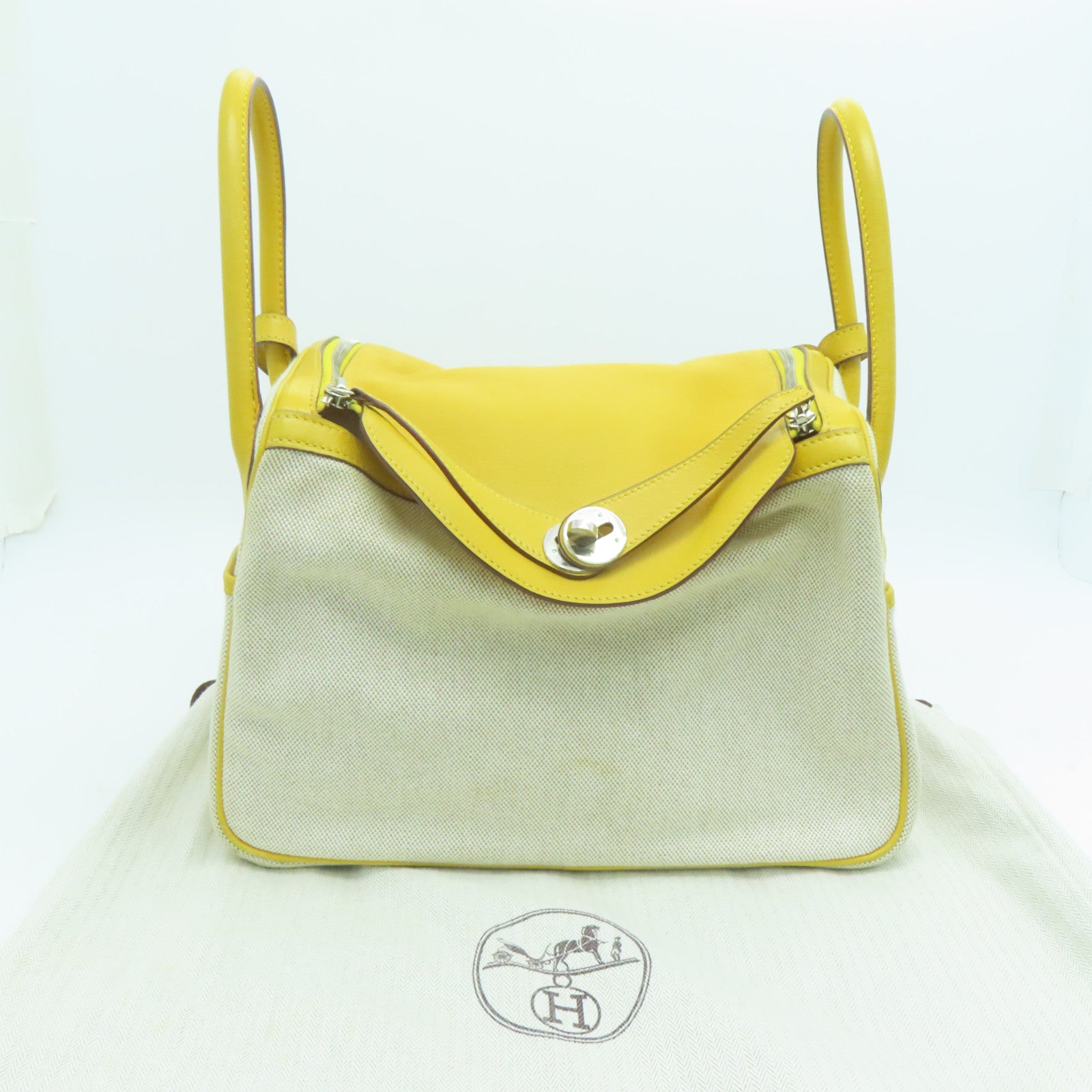 HERMES Cowhide Leather Canvas Lindy 30 Silver Button Handle Bag Beige Brand Off Hong Kong Online Store