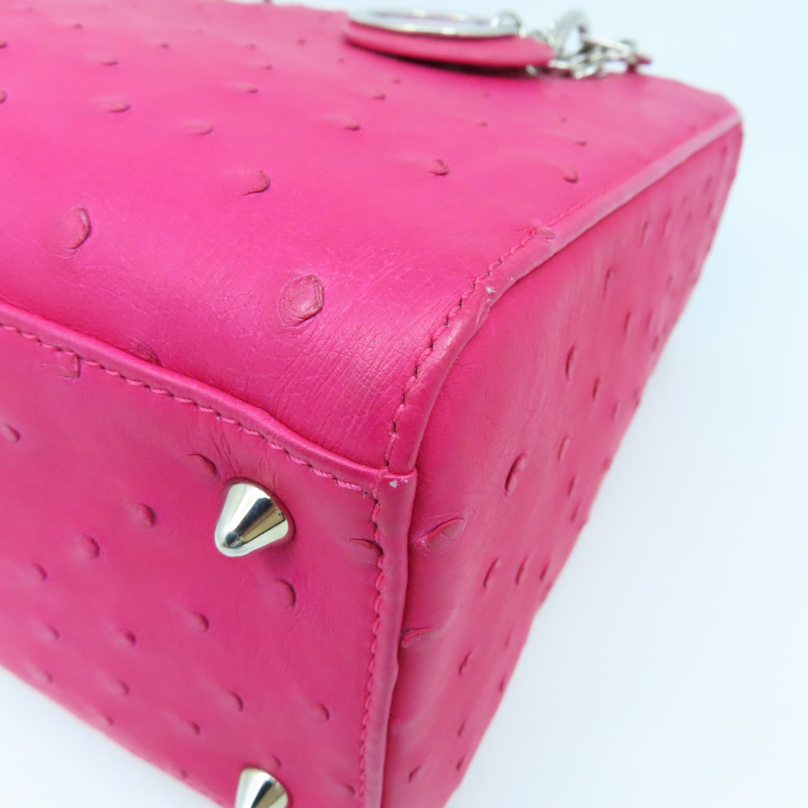Dior Ostrich Leather Lady Dior Silver Buckle Handle Shoulder Bag Pink