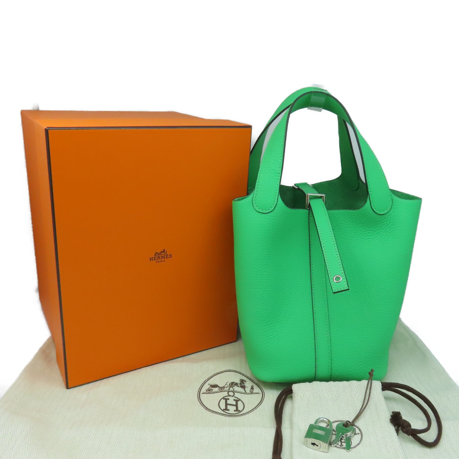 HERMÈS Picotin PM handbag in Vert Criquet Clemence leather with