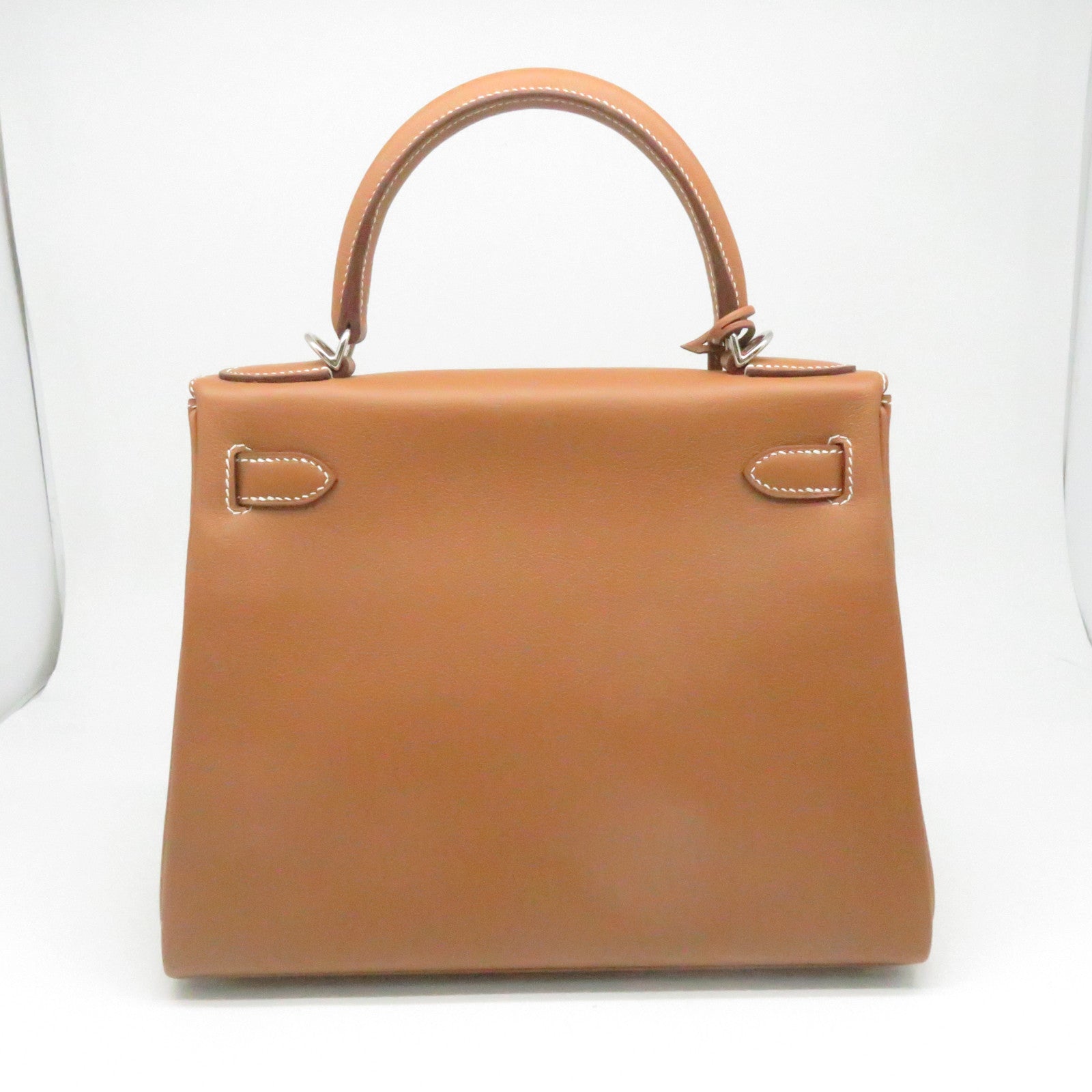 HERMES Evercolor Leather Kelly 28 Silver Buckle Handle Shoulder Bag Classic Camel